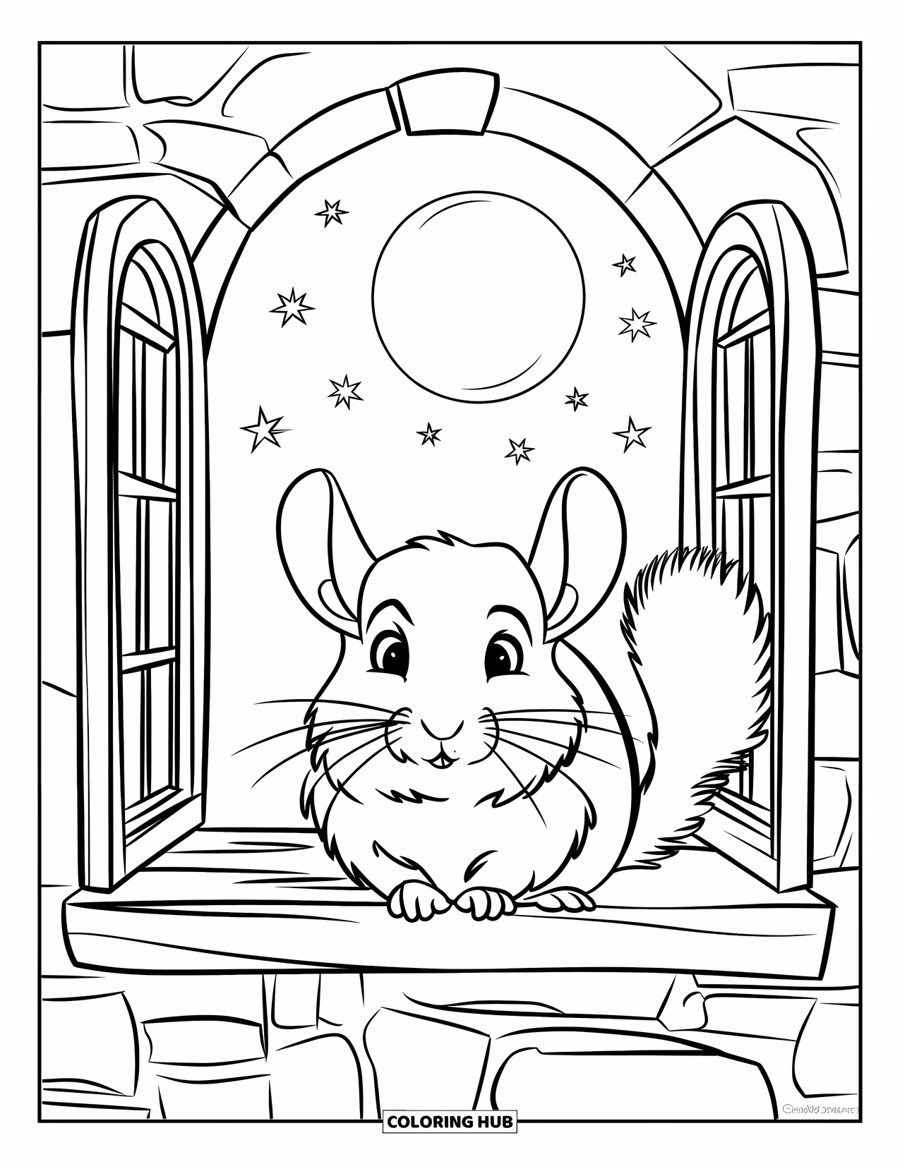 Chinchilla Coloring Page for Kids: Chinchilla rests on a perch in a moonlit window framed by stone walls