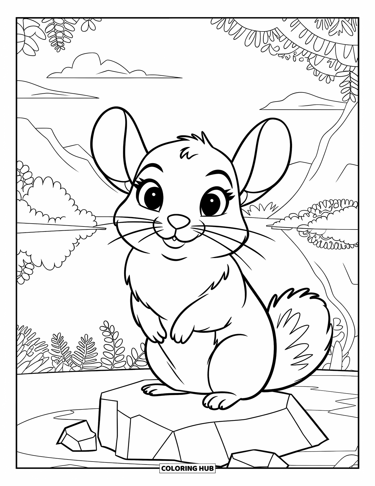 Chinchilla Coloring Page for Kids: Chinchilla rests on a rock near a calm lake and blooming mountain plants