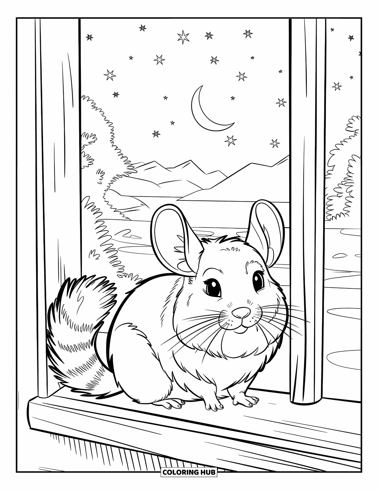 Chinchilla Coloring Page for Kids: Chinchilla sits on a ledge under a starry sky with trees and a moonlit lake