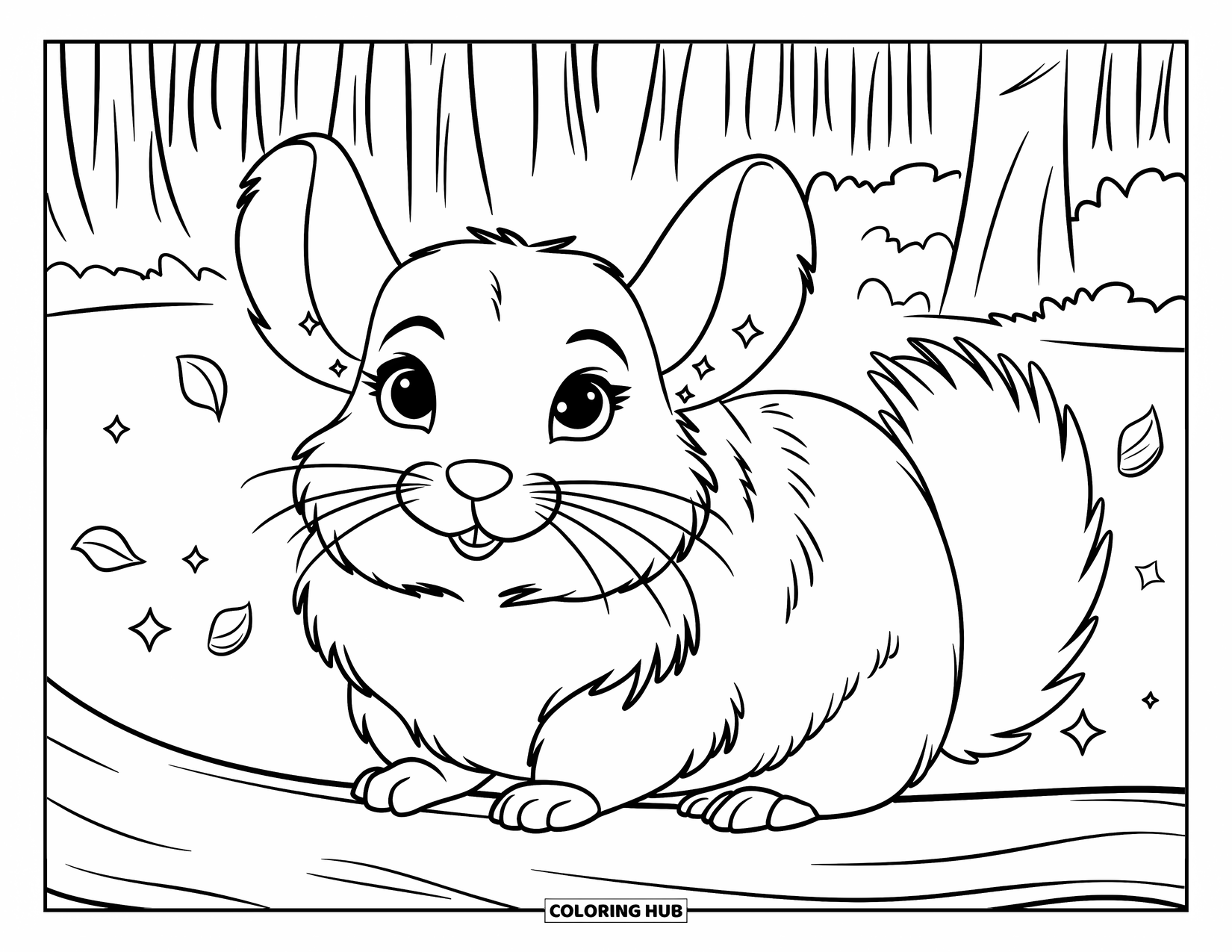 Chinchilla Coloring Page for Kids: Chinchilla sits on a log with sparkles and leaves in a quiet woodland clearing