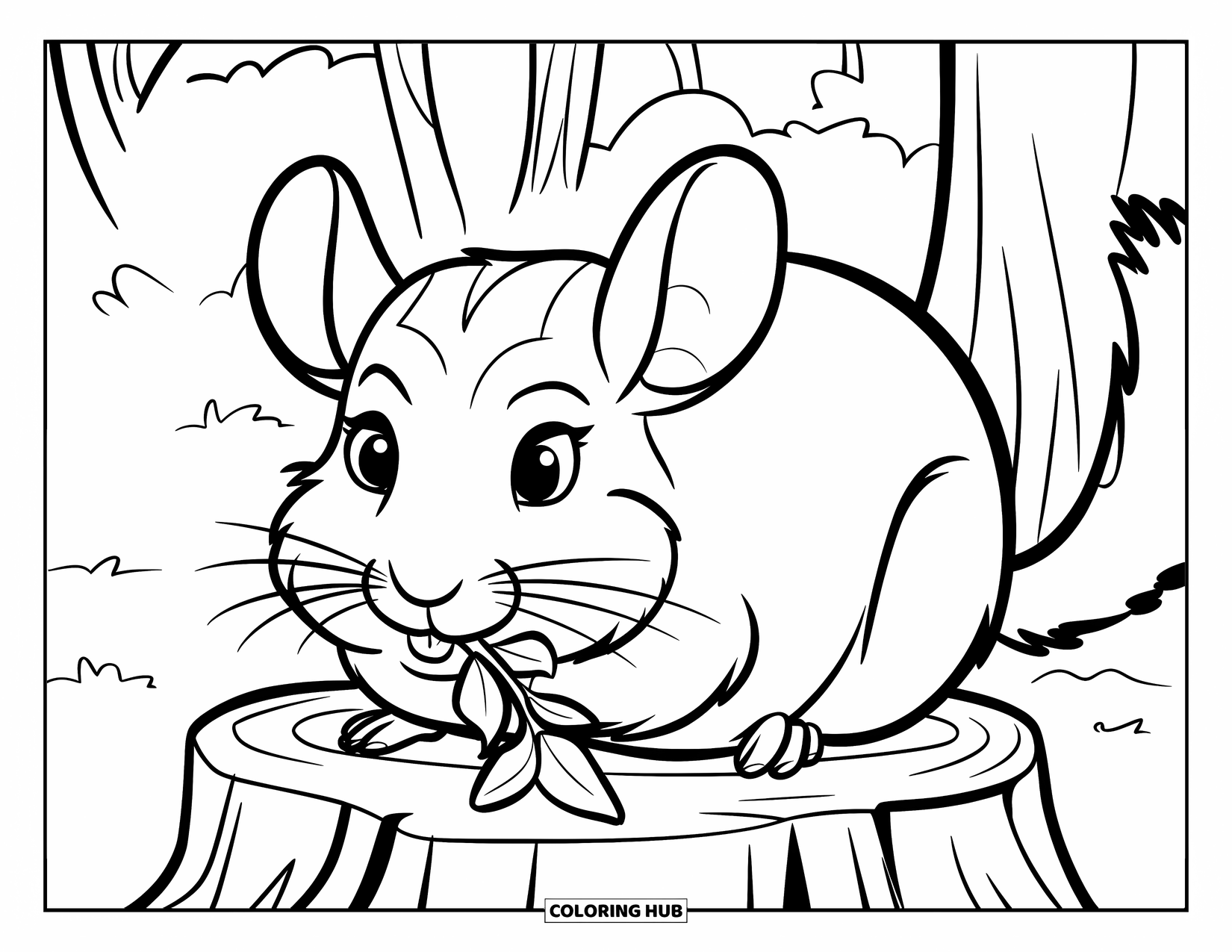 Chinchilla Coloring Page for Kids: Chinchilla sits on a tree stump chewing a leafy branch in the woods