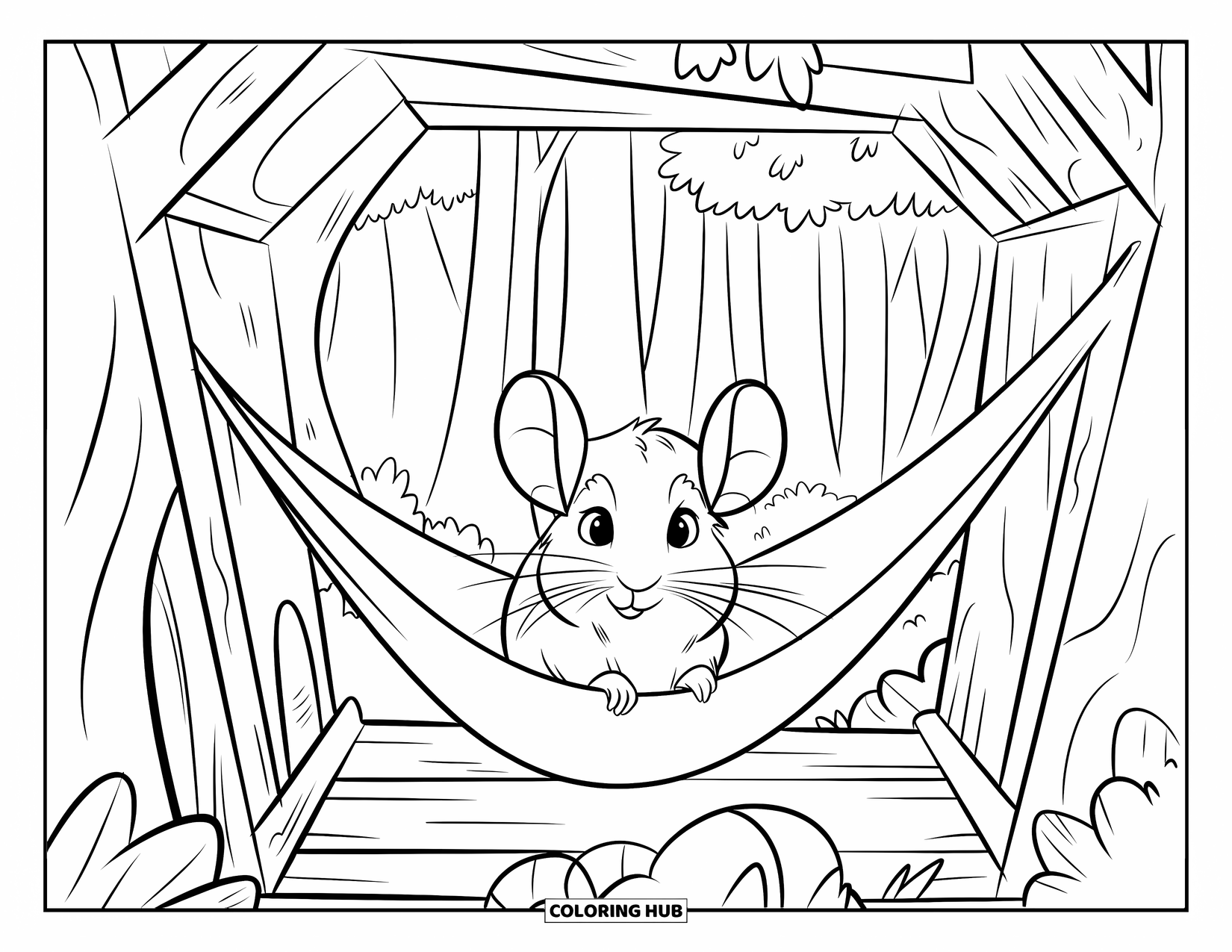 Chinchilla Coloring Page for Kids: Chinchilla sits upright in a hammock strung between branches in a wooded hut