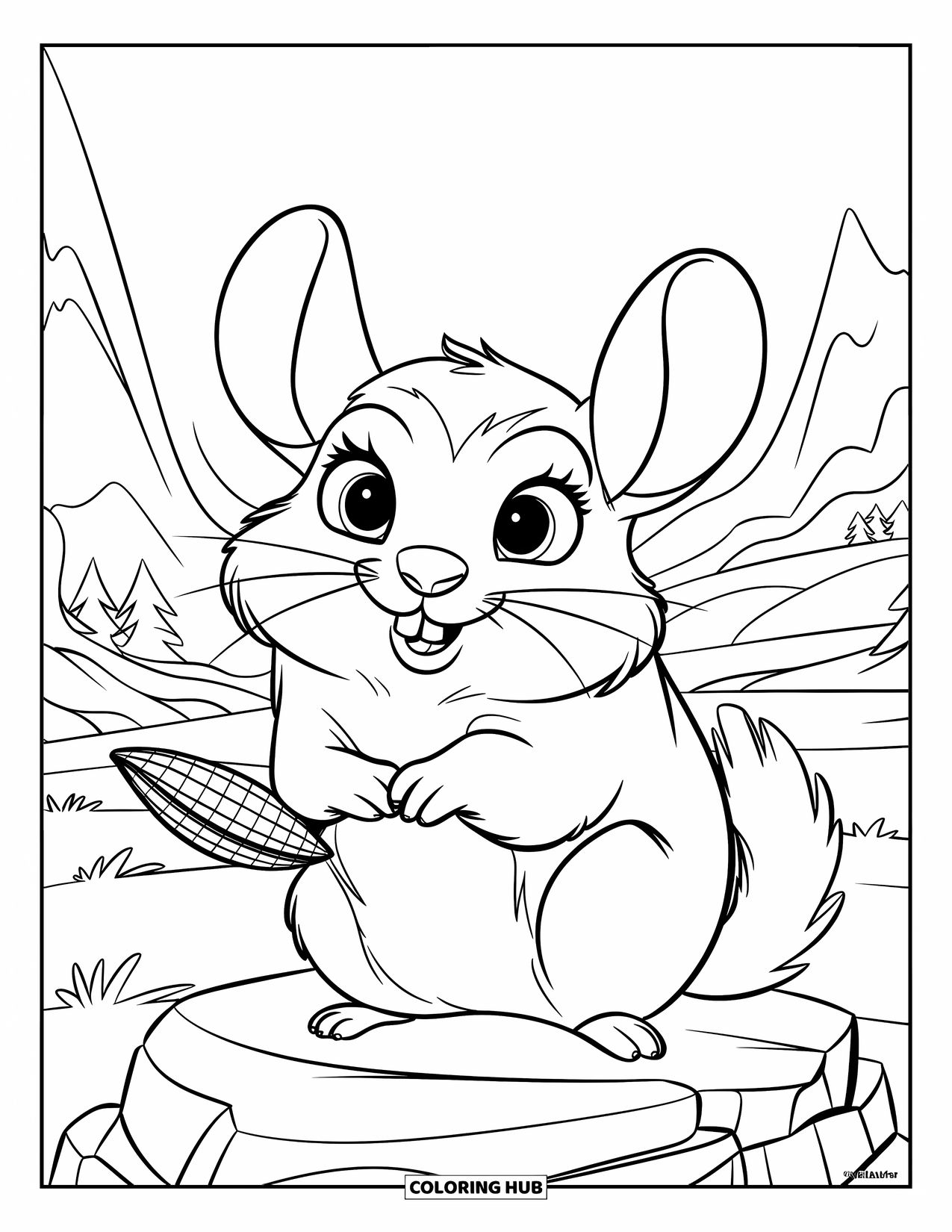 Chinchilla Coloring Page for Kids: Chinchilla smiles while holding a sunflower seed on a peaceful mountain rock