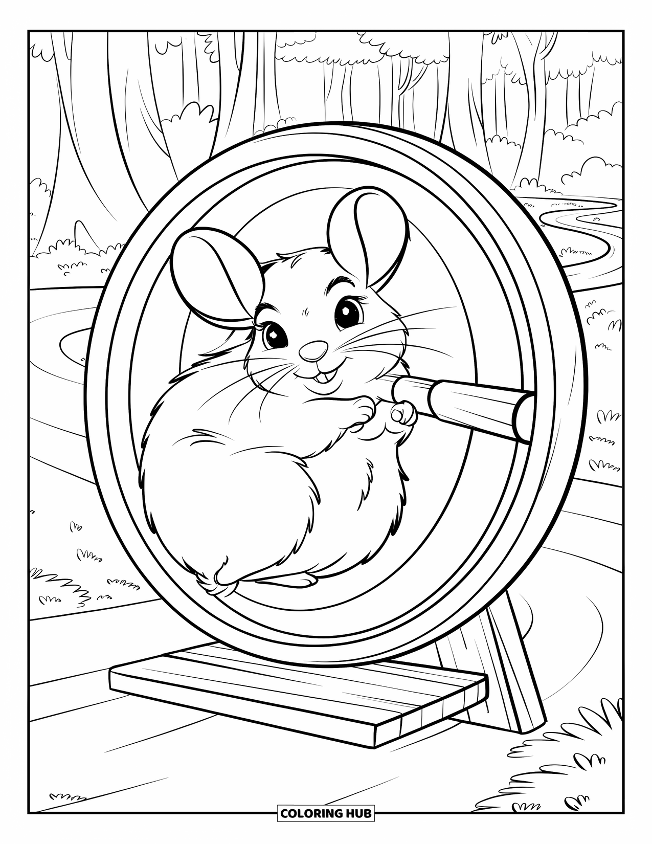 Chinchilla Coloring Page for Kids: Chinchilla spins a wheel gently in a forest with a winding path