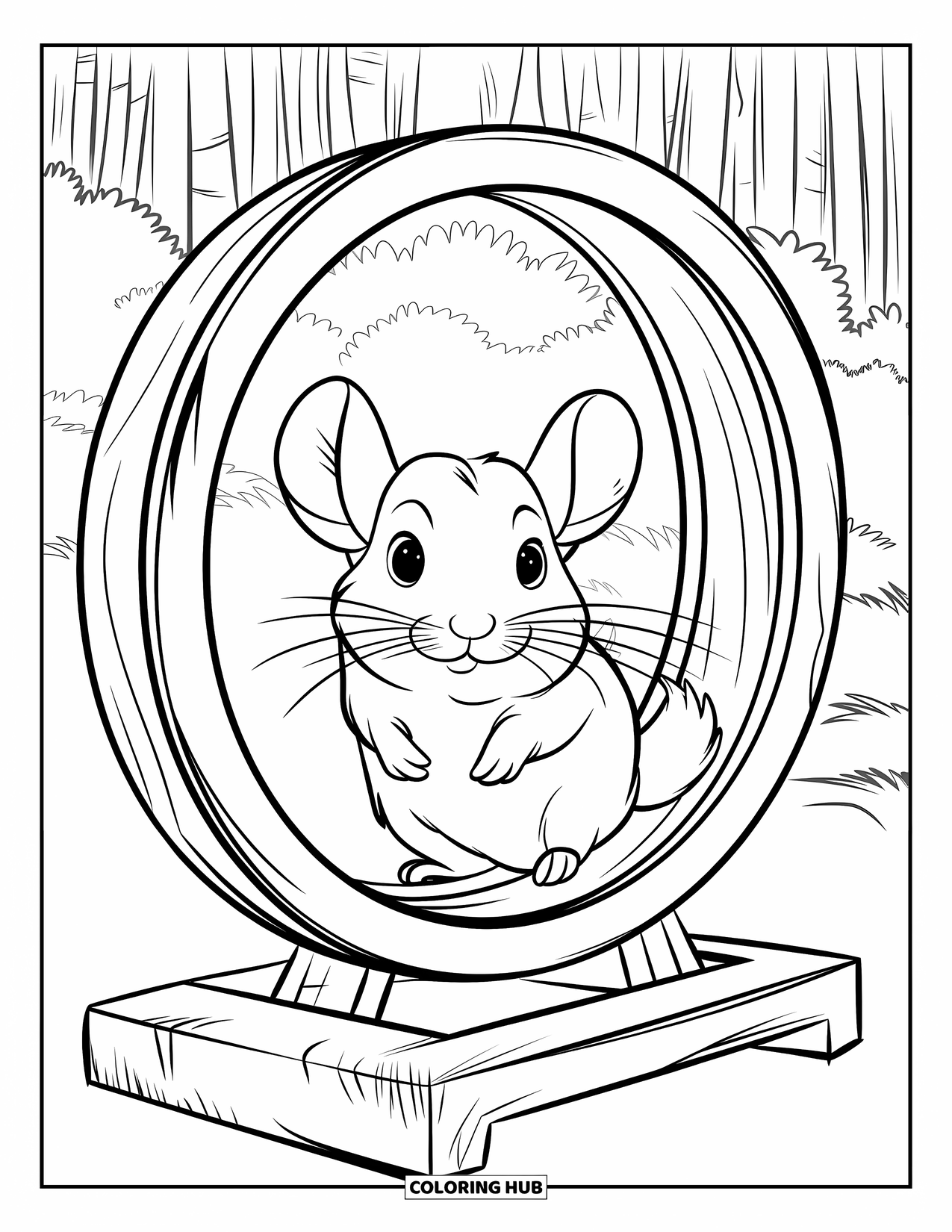 Chinchilla Coloring Page for Kids: Chinchilla spins in a big wheel surrounded by tall forest trees