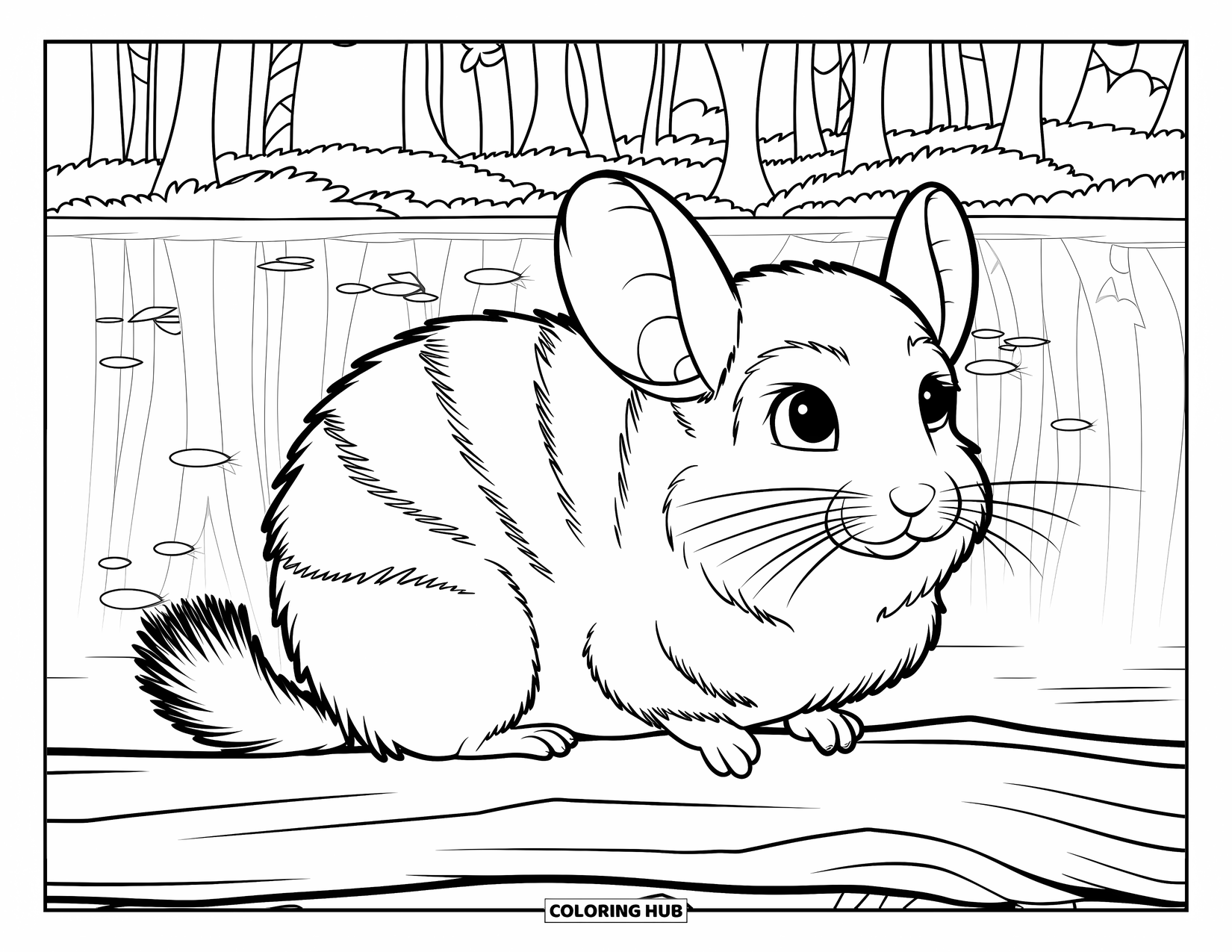 Chinchilla Coloring Page for Kids: Chinchilla with a white stripe sits on a log near sparkles and falling leaves