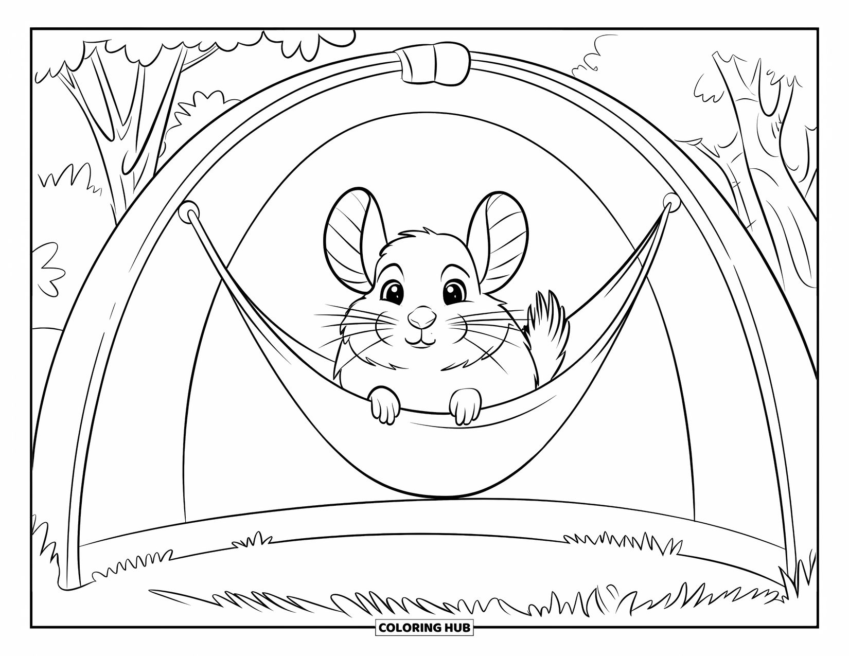 Chinchilla Coloring Page for Kids: Chinchilla with big ears swings in a hammock beside trees and cozy walls