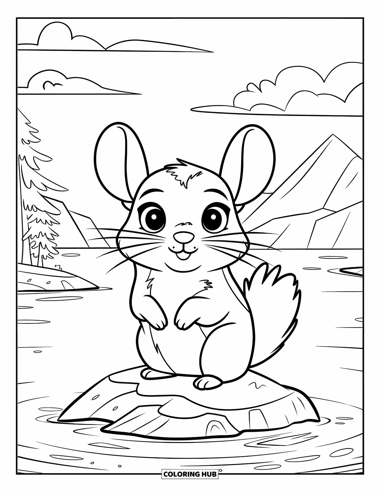 Chinchilla Coloring Page for Kids: Chinchilla with fluffy tail sits on a rock surrounded by tiny lake islands