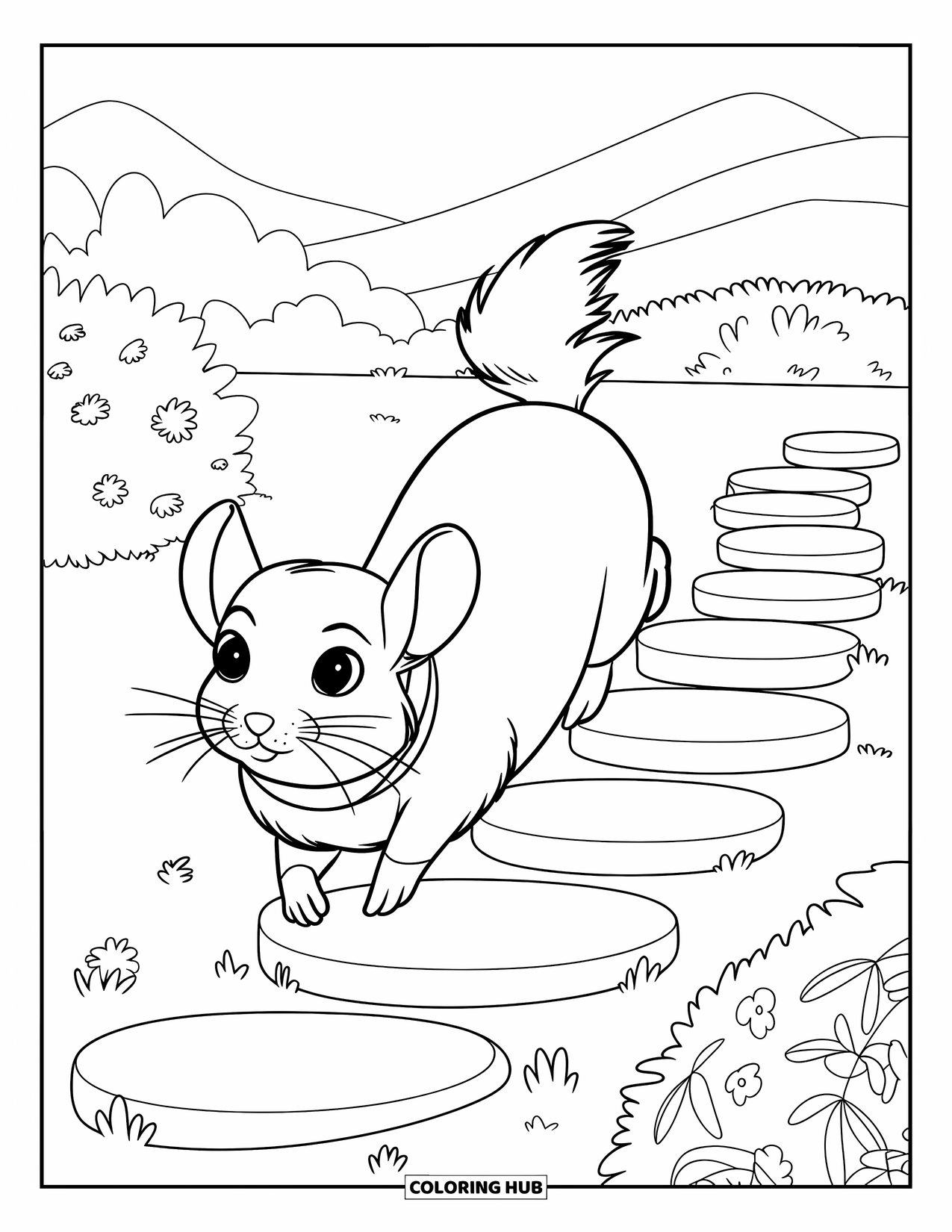 Chinchilla Coloring Page for Kids: Chinchilla with wide eyes leaps across stepping stones toward a peaceful platform