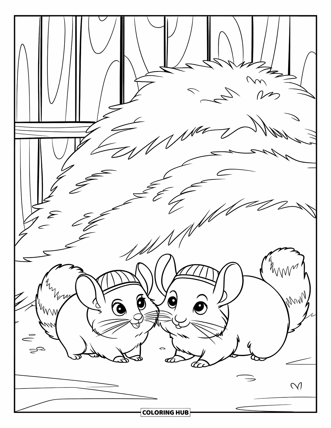 Chinchilla Coloring Page for Kids: Chinchillas wearing striped hats play happily by a fluffy haystack