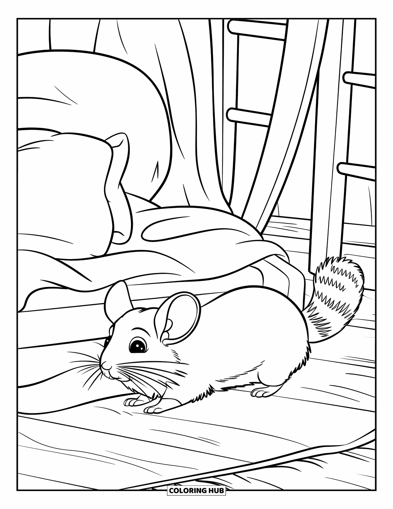 Chinchilla Coloring Page for Kids: Curious chinchilla explores a room with a pillow, blanket, and wooden posts