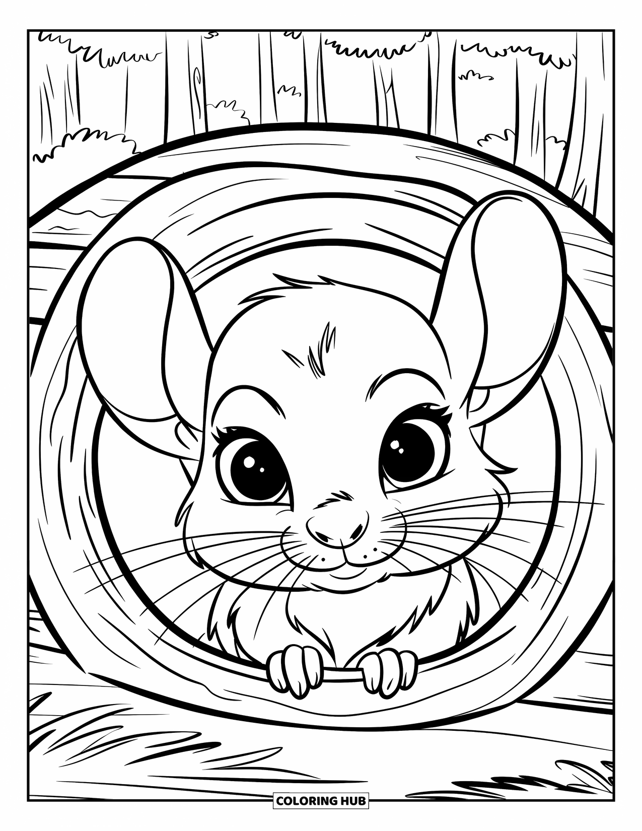 Chinchilla Coloring Page for Kids: Fluffy baby chinchilla peeks from a wooden hut in a tall green forest
