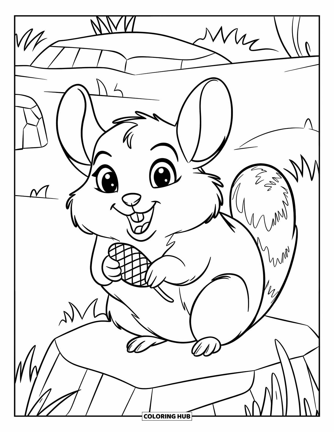 Chinchilla Coloring Page for Kids: Happy chinchilla holds a sunflower seed while sitting on a rock in the grass