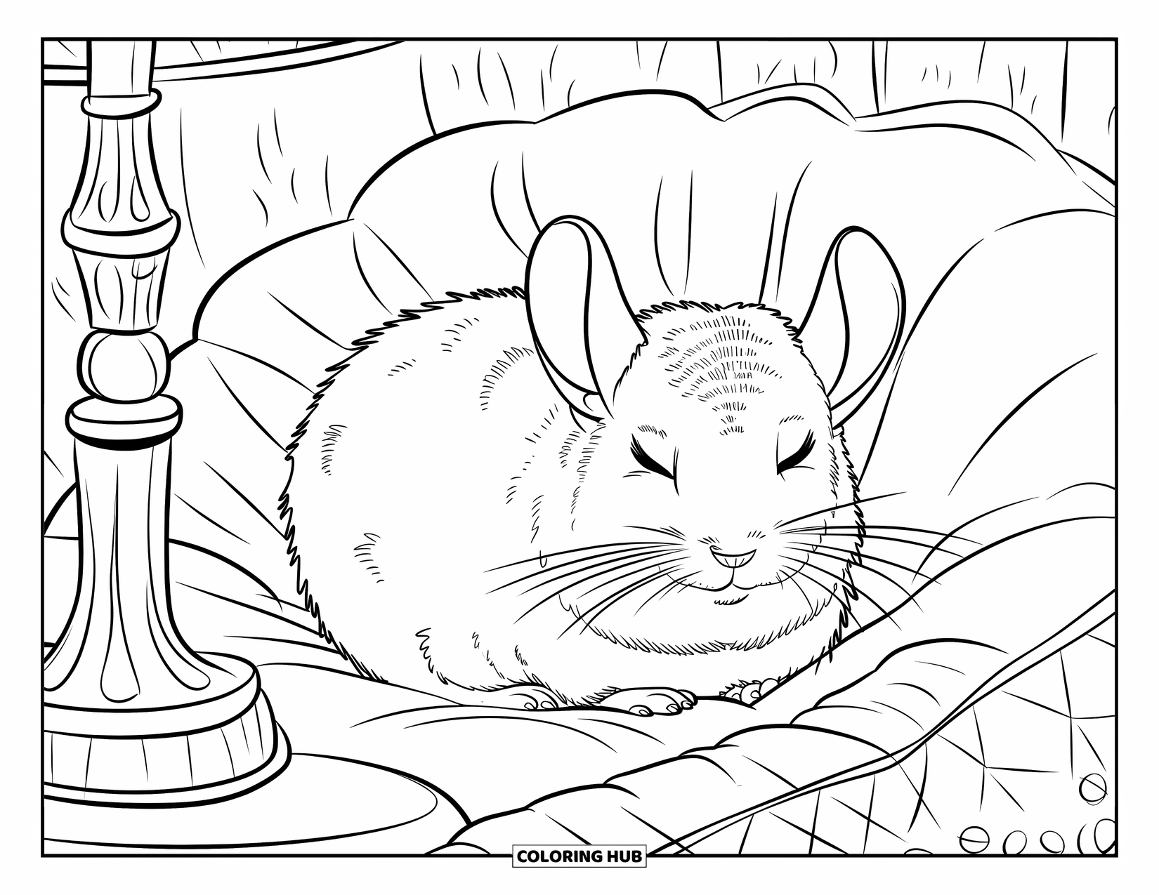 Chinchilla Coloring Page for Kids: Sleepy chinchilla curls up by a vintage lamp in a cozy nook