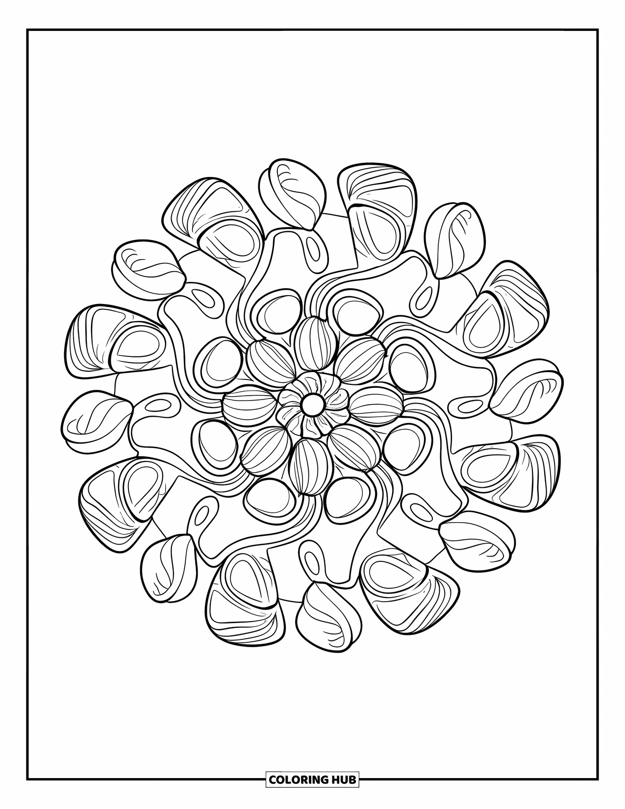 Chocolate Coloring Page for Adults: A chef's hands create pretty bonbons with different designs and patterns