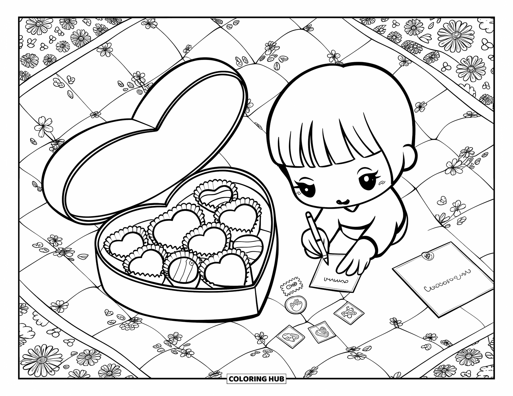 Chocolate Coloring Page for Adults: A chibi character writes a card beside a heart-shaped box filled with tiny chocolates