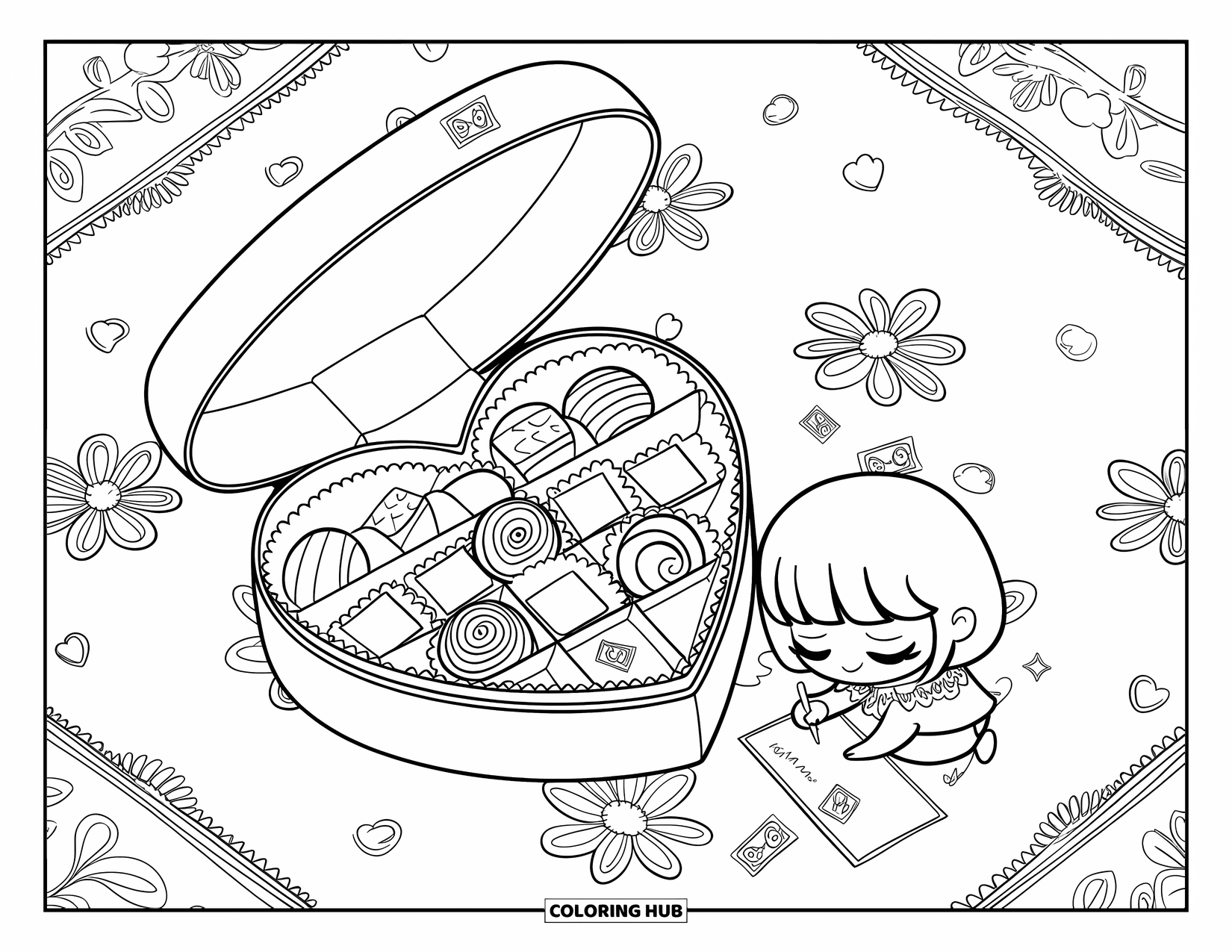 Chocolate Coloring Page for Adults: A chibi friend writes a card near a heart-shaped chocolate box and cute stickers