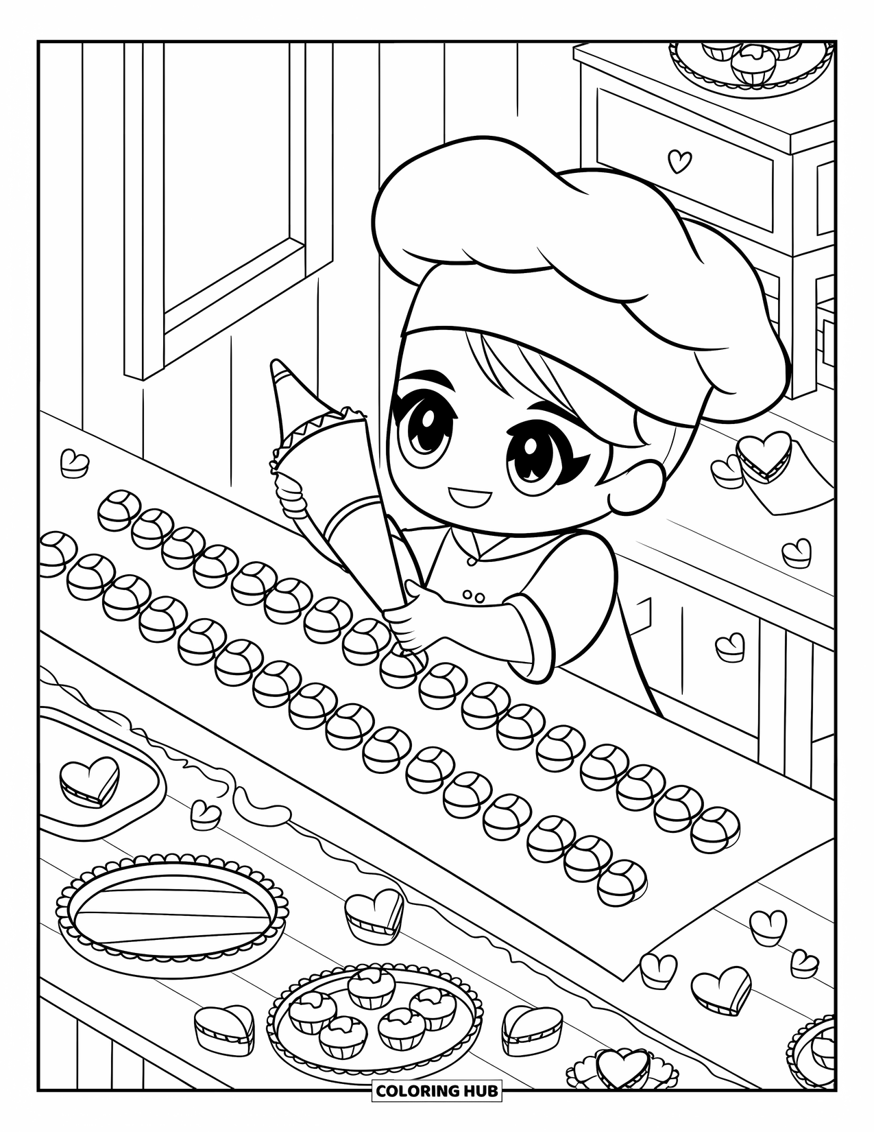 Chocolate Coloring Page for Adults: A chibi pastry chef adds sweet details to bonbons near truffles and heart-shaped wrappers