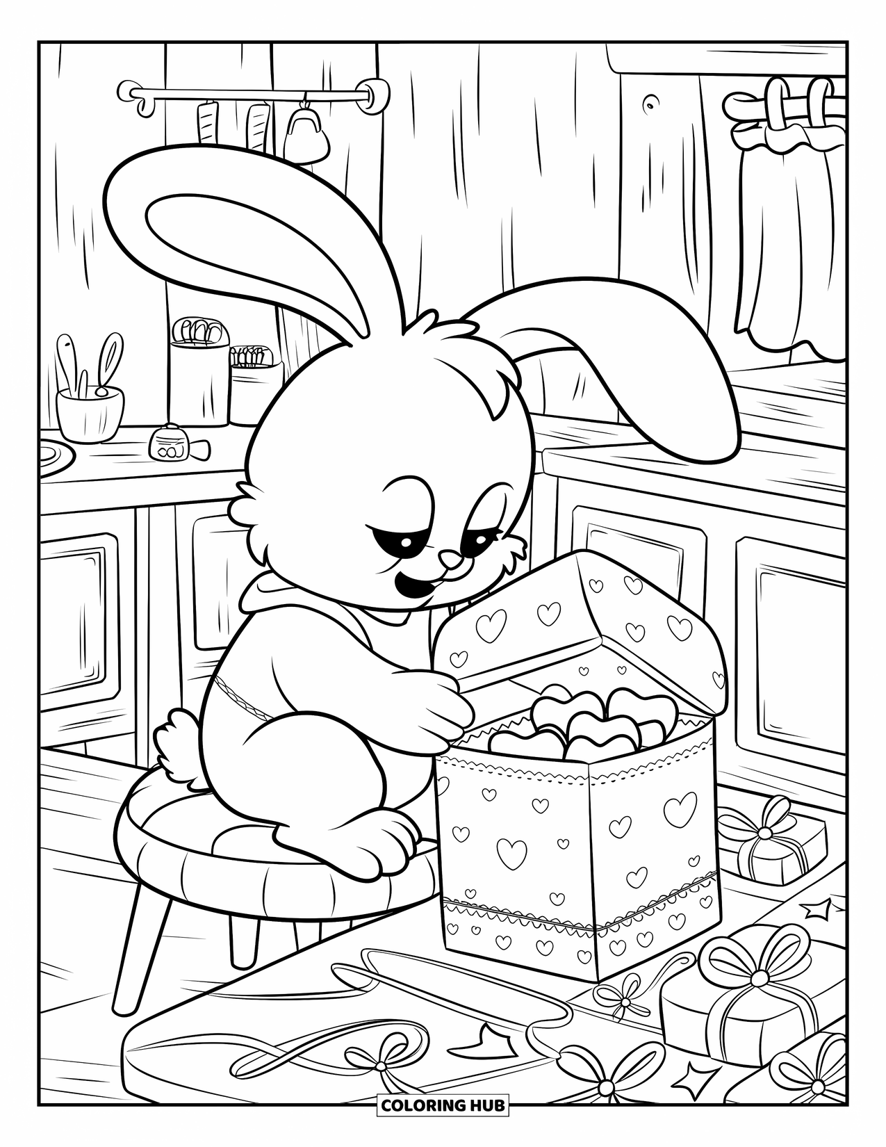 Chocolate Coloring Page for Adults: A cozy bunny places chocolates into a gift box surrounded by bows and wrapping supplies