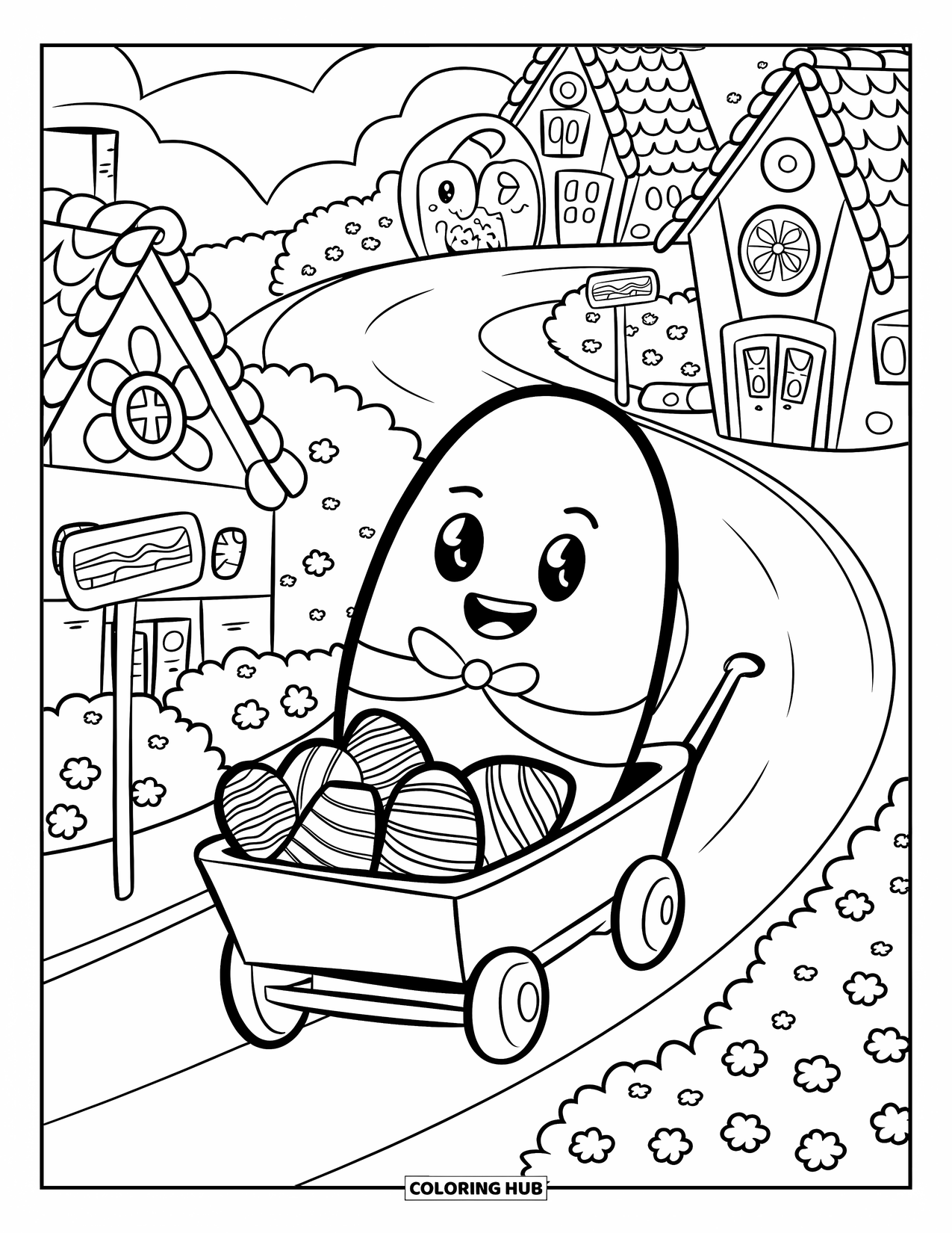 Chocolate Coloring Page for Adults: A happy cocoa bean rolls through a chocolate-themed town in a wagon full of treats