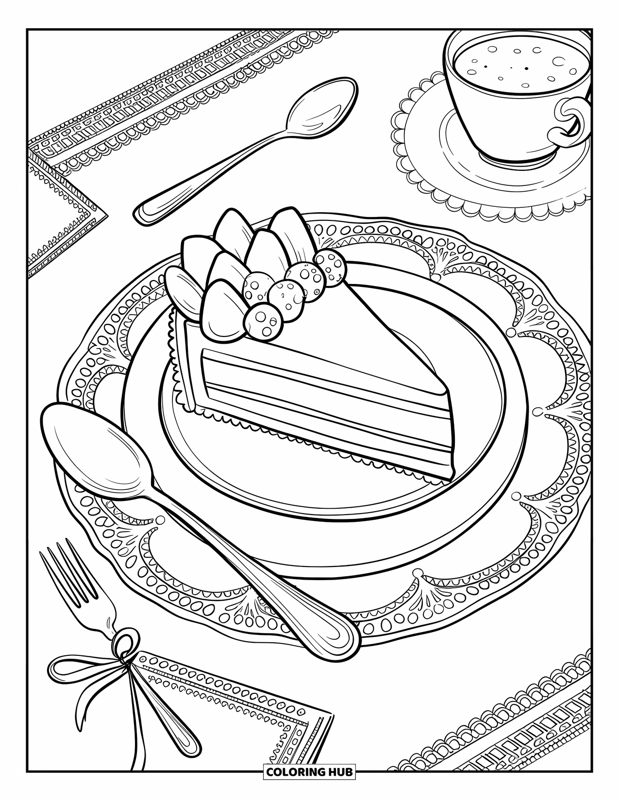Chocolate Coloring Page for Adults: A mousse dessert sits with cocoa, lace napkins, and a spoon on a cozy little table