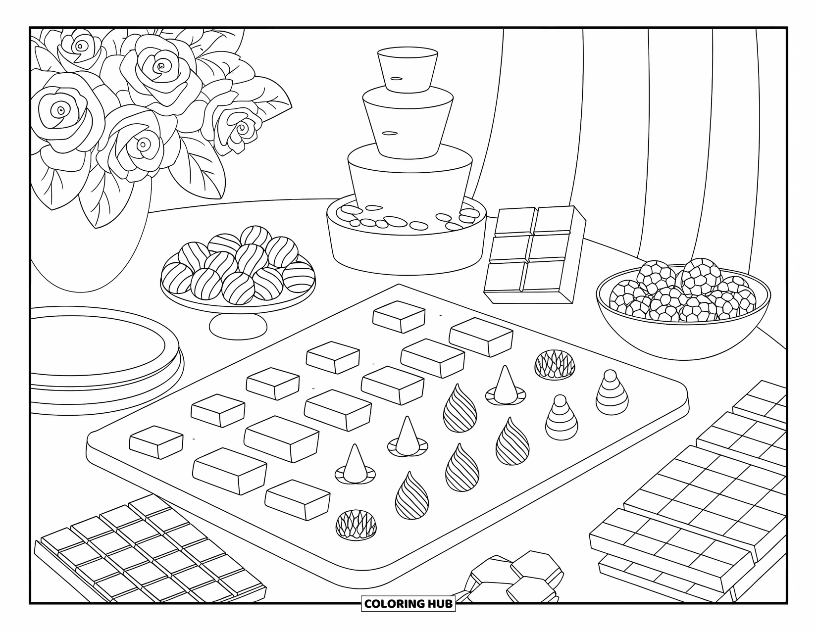 Chocolate Coloring Page for Adults: A tasting board of chocolates and piped treats sits near a fountain and chocolate-covered fruit