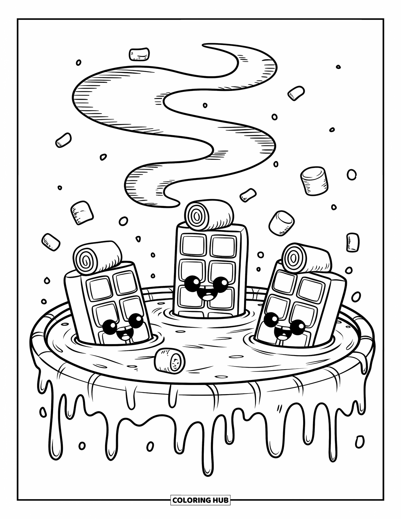 Chocolate Coloring Page for Adults: Chocolate bars soak in a chocolate hot spring surrounded by steam and marshmallows