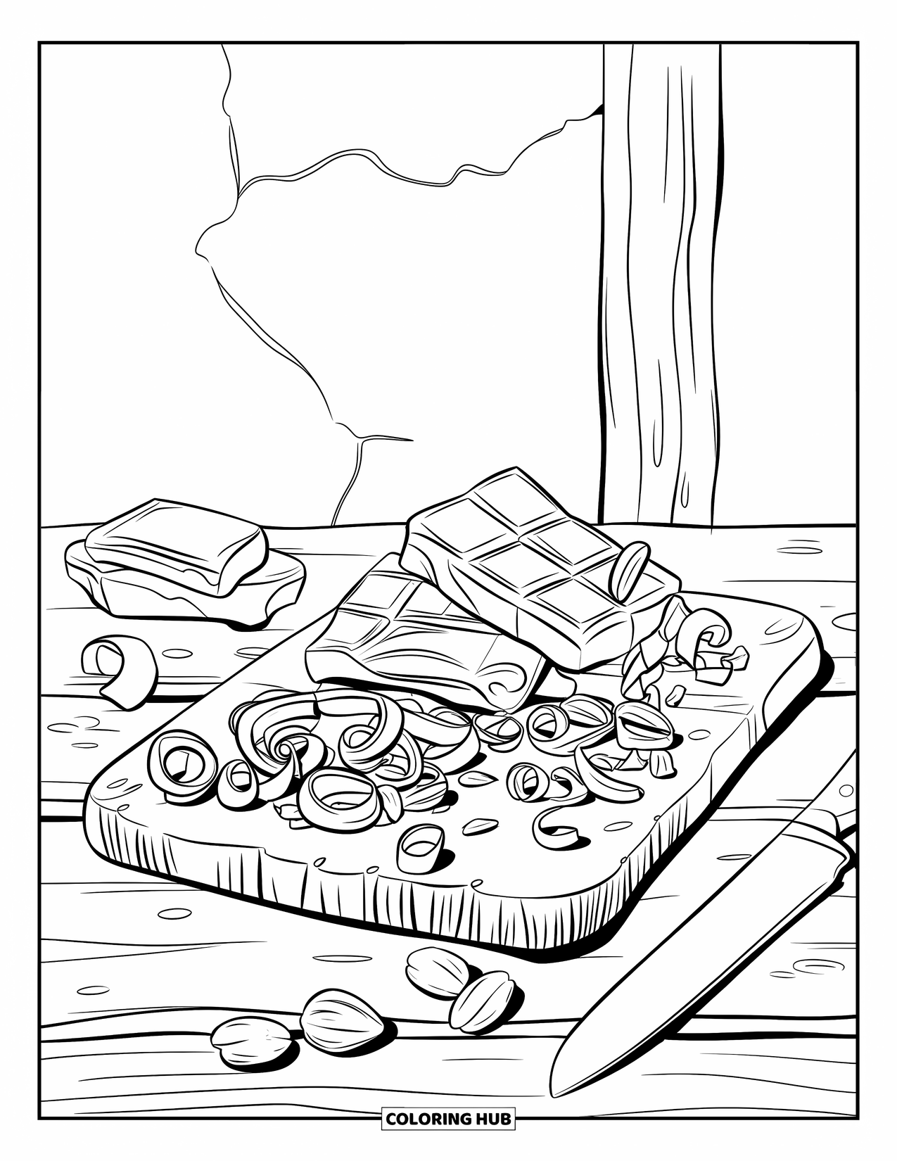 Chocolate Coloring Page for Adults: Chocolate chunks and curls rest on a rustic board with a knife and scattered nuts