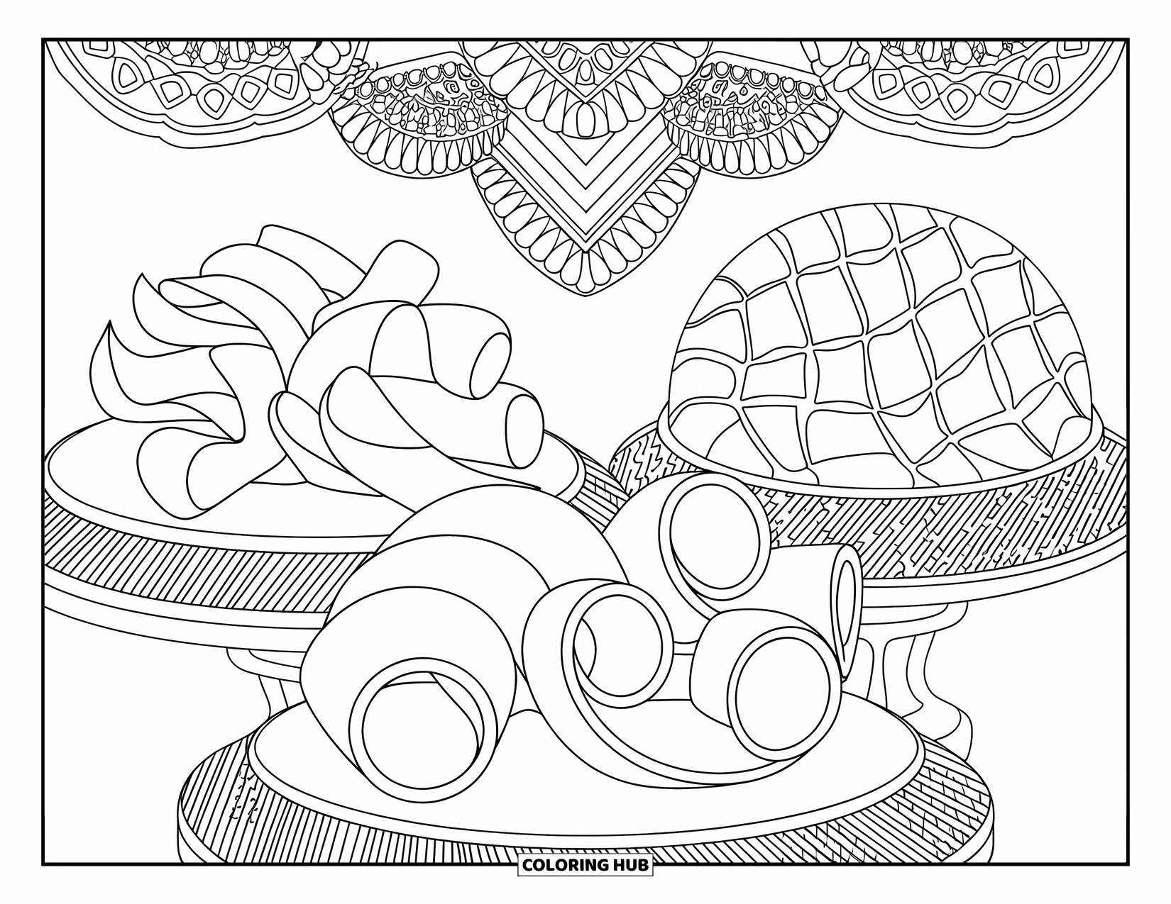 Chocolate Coloring Page for Adults: Chocolate curls and lattice treats are arranged on mosaic-patterned platters with tiny shavings