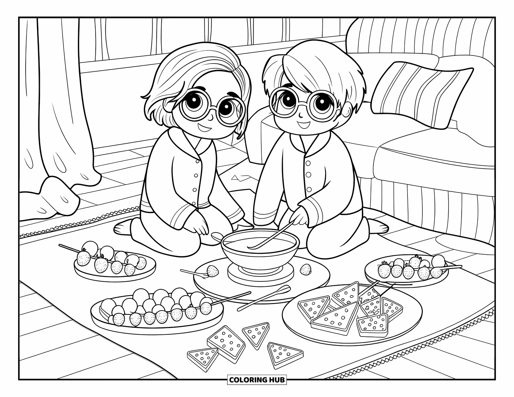 Chocolate Coloring Page for Adults: Two chibi pals enjoy a cozy night in with chocolate fondue and sweet snacks