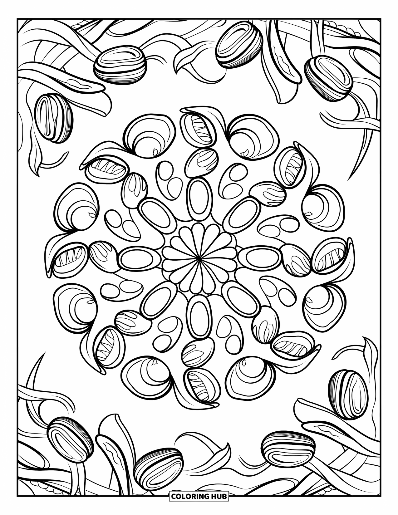 Chocolate Coloring Page for Adults: Vintage chocolate tools, molds, and stamps arranged on a wooden surface