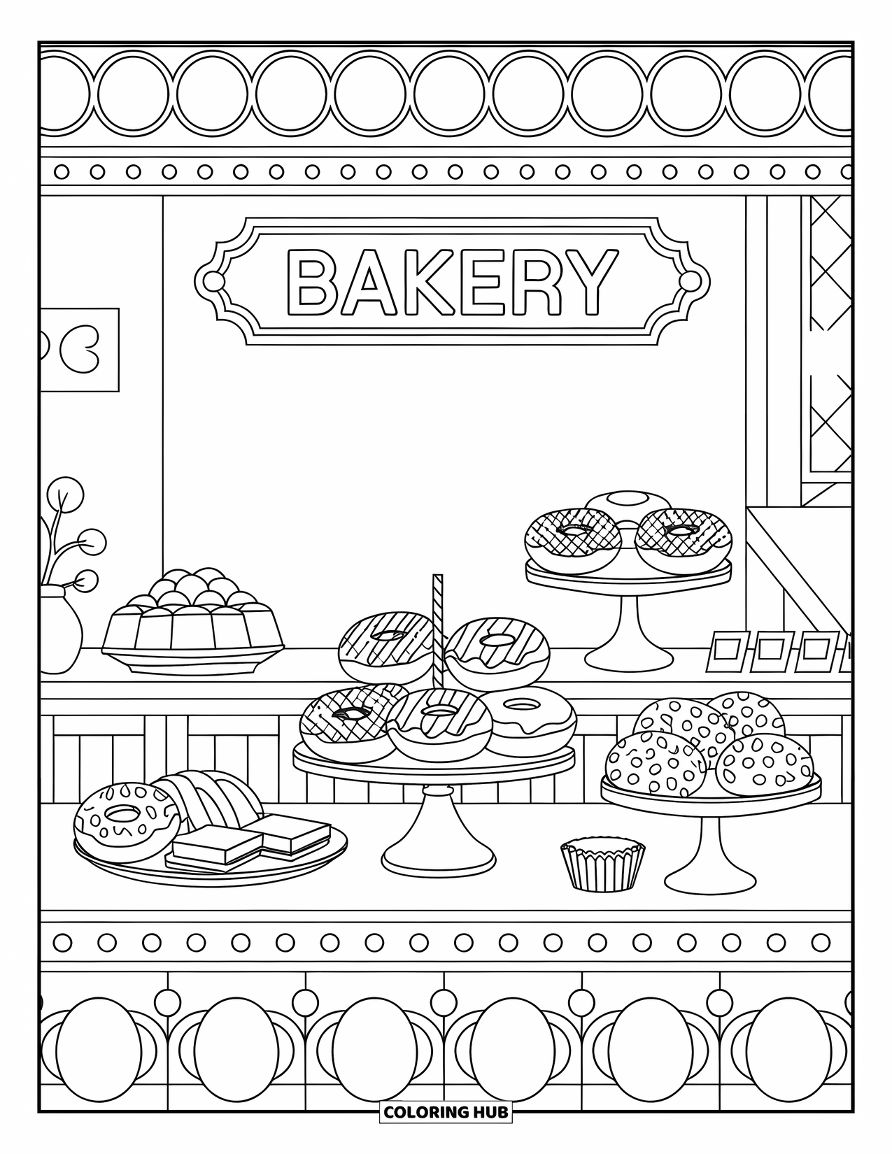 Chocolate Coloring Page for Kids: A bakery counter full of donuts, brownies, and eclairs with a "Bakery" sign above