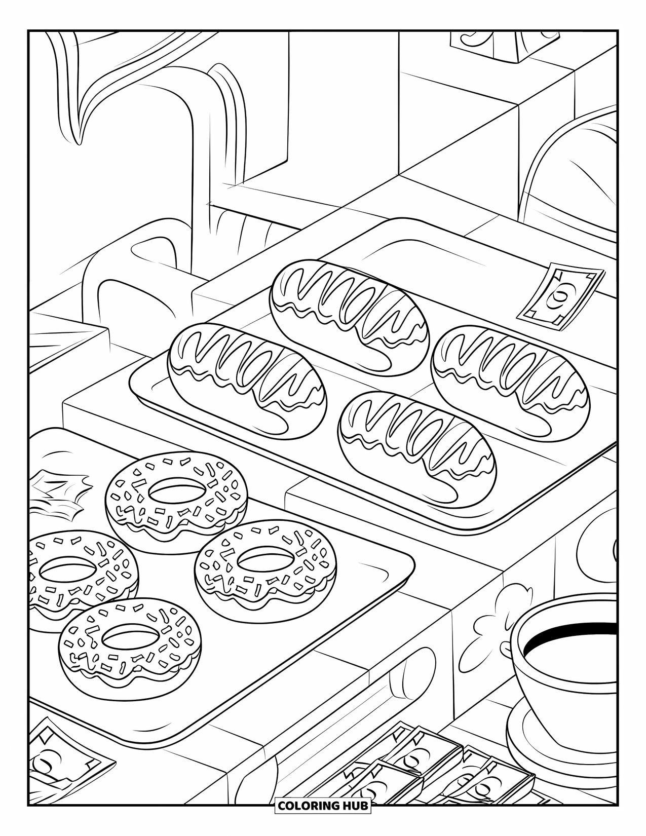 Chocolate Coloring Page for Kids: A bakery counter holds donuts, eclairs, brownies, dollar bills, and a coffee mug