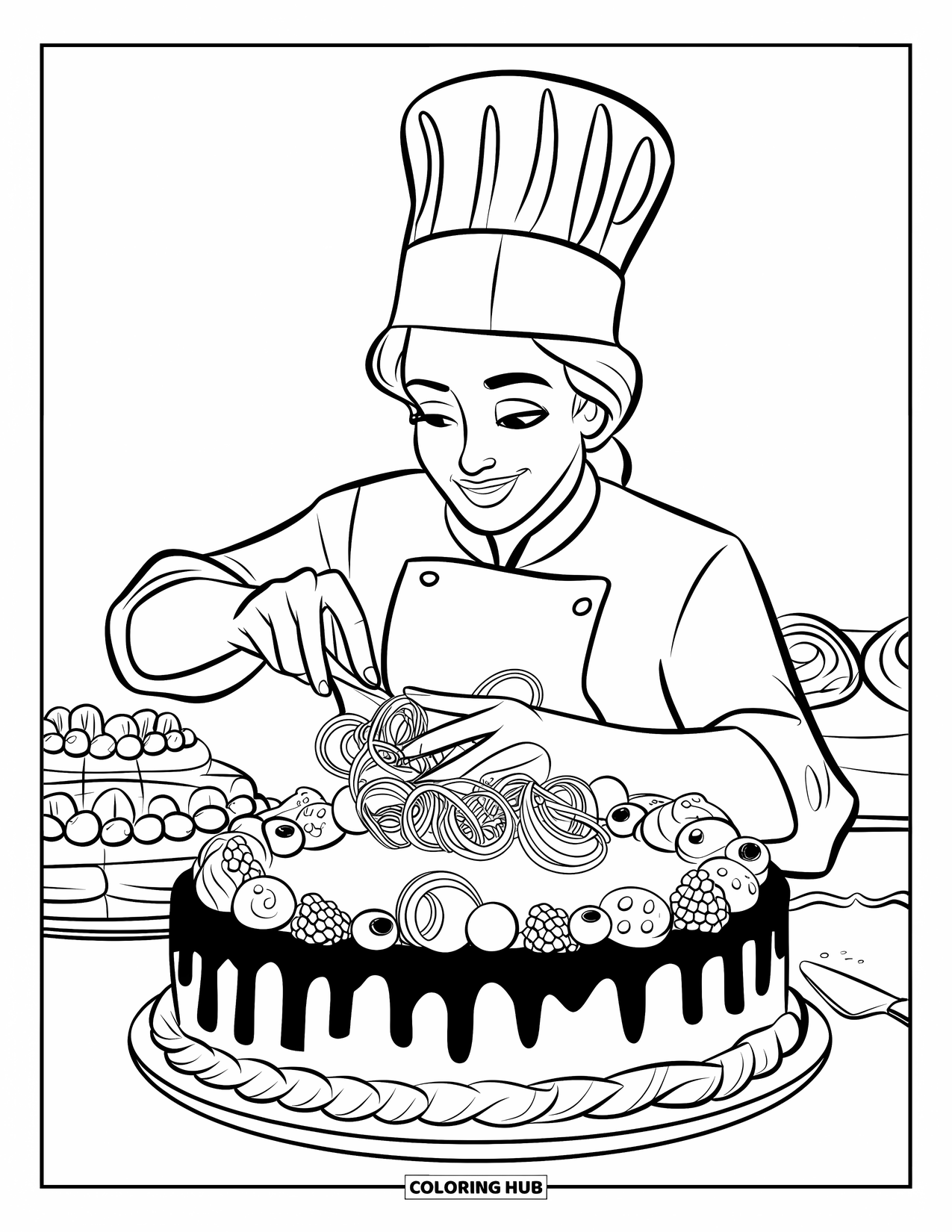 Chocolate Coloring Page for Kids: A cake topped with berries and curls is being decorated by a smiling pastry chef