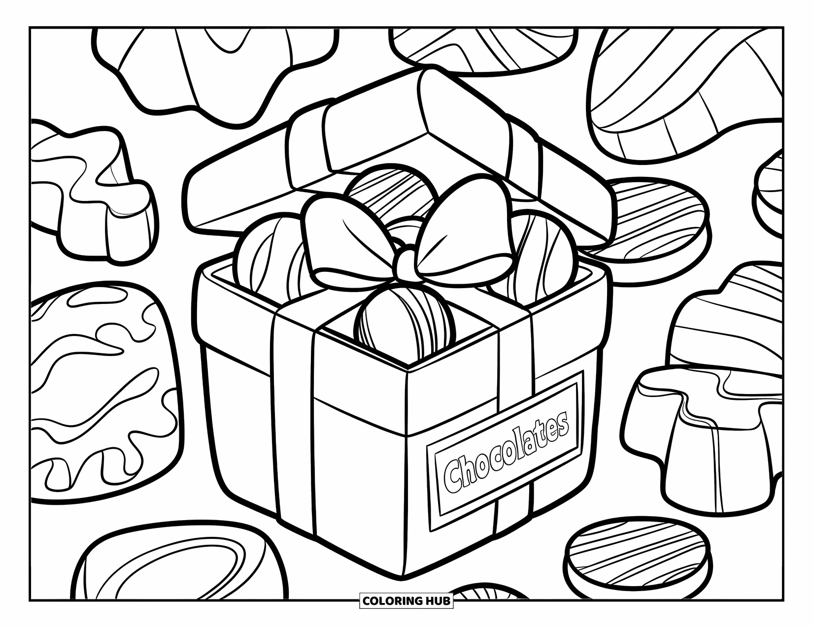 Chocolate Coloring Page for Kids: A cheerful box labeled "Chocolates" is filled with different fun-shaped treats