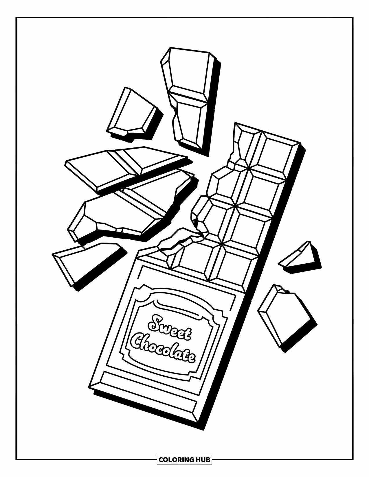 Chocolate Coloring Page for Kids: A chocolate bar labeled "Sweet Chocolate" breaks into scattered pieces around it