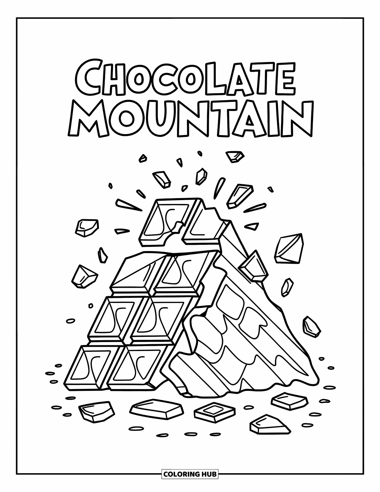 Chocolate Coloring Page for Kids: A chocolate bar shaped like a mountain breaks into pieces around the base