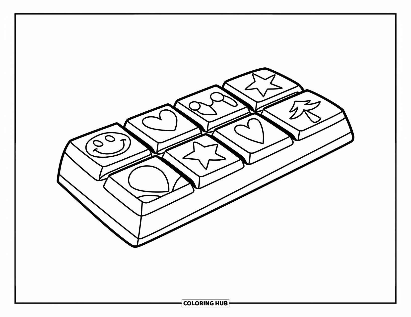 Chocolate Coloring Page for Kids: A chocolate bar with heart, star, smiley, and tree patterns sits in four big pieces