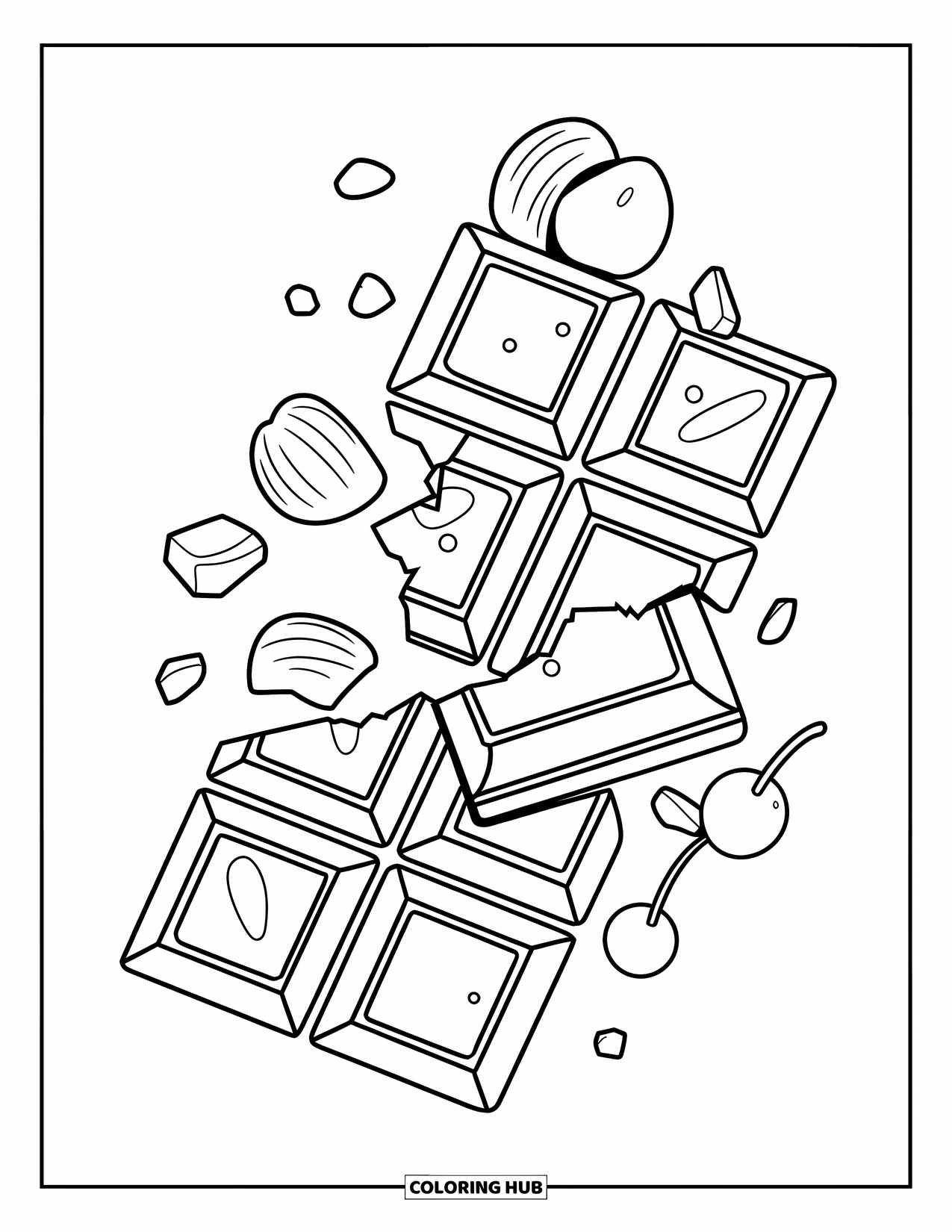 Chocolate Coloring Page for Kids: A chocolate bar with nuts and a cherry breaks into fun, textured pieces