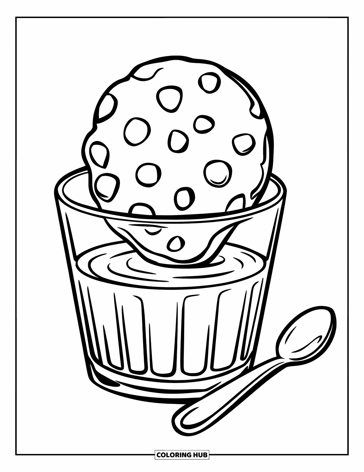 Chocolate Coloring Page for Kids: A chocolate chip cookie dips into a glass of milk with a spoon nearby