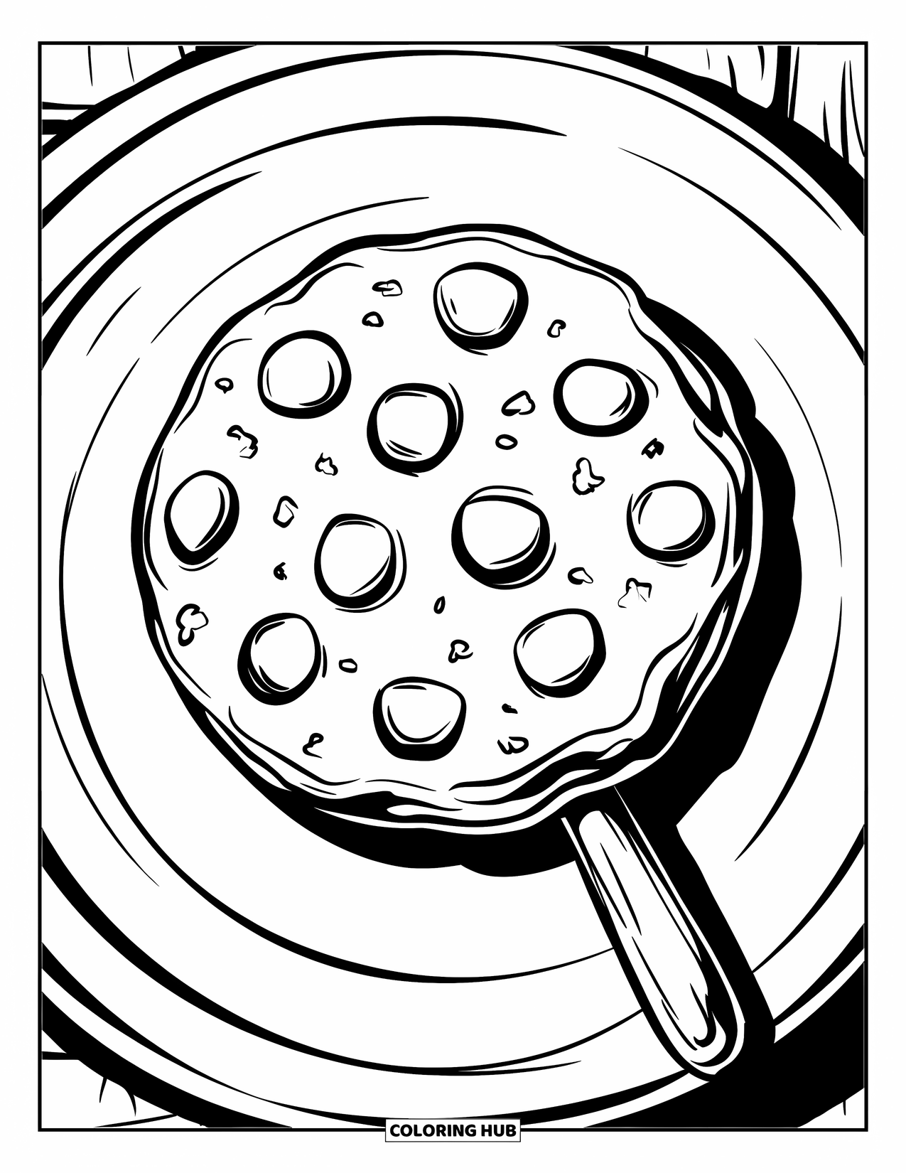 Chocolate Coloring Page for Kids: A chocolate chip cookie with sugar and big chips sits on a stick over a plate