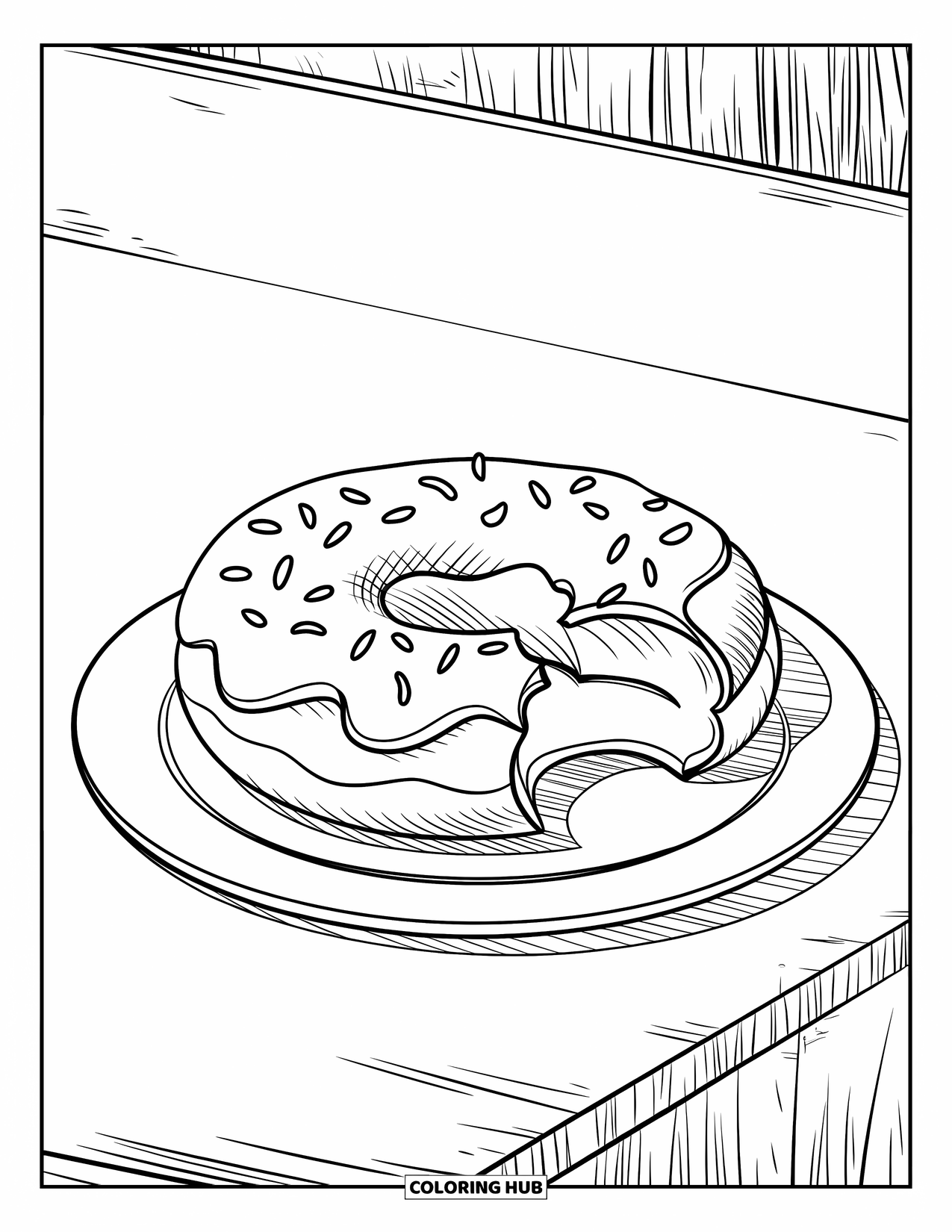Chocolate Coloring Page for Kids: A chocolate donut with sprinkles and a bite taken out rests on a plate