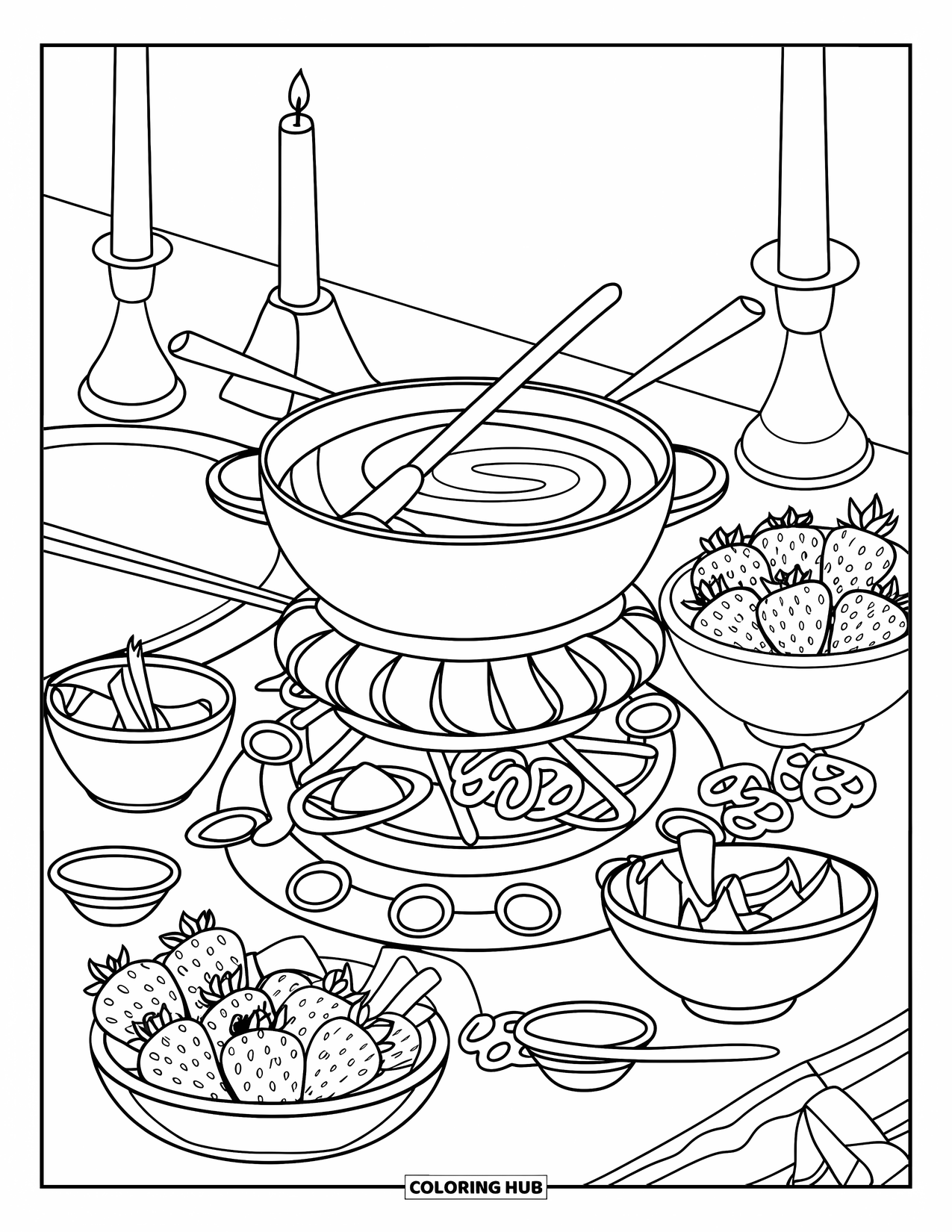 Chocolate Coloring Page for Kids: A chocolate river flows from a fondue pot beside bowls of dipping treats