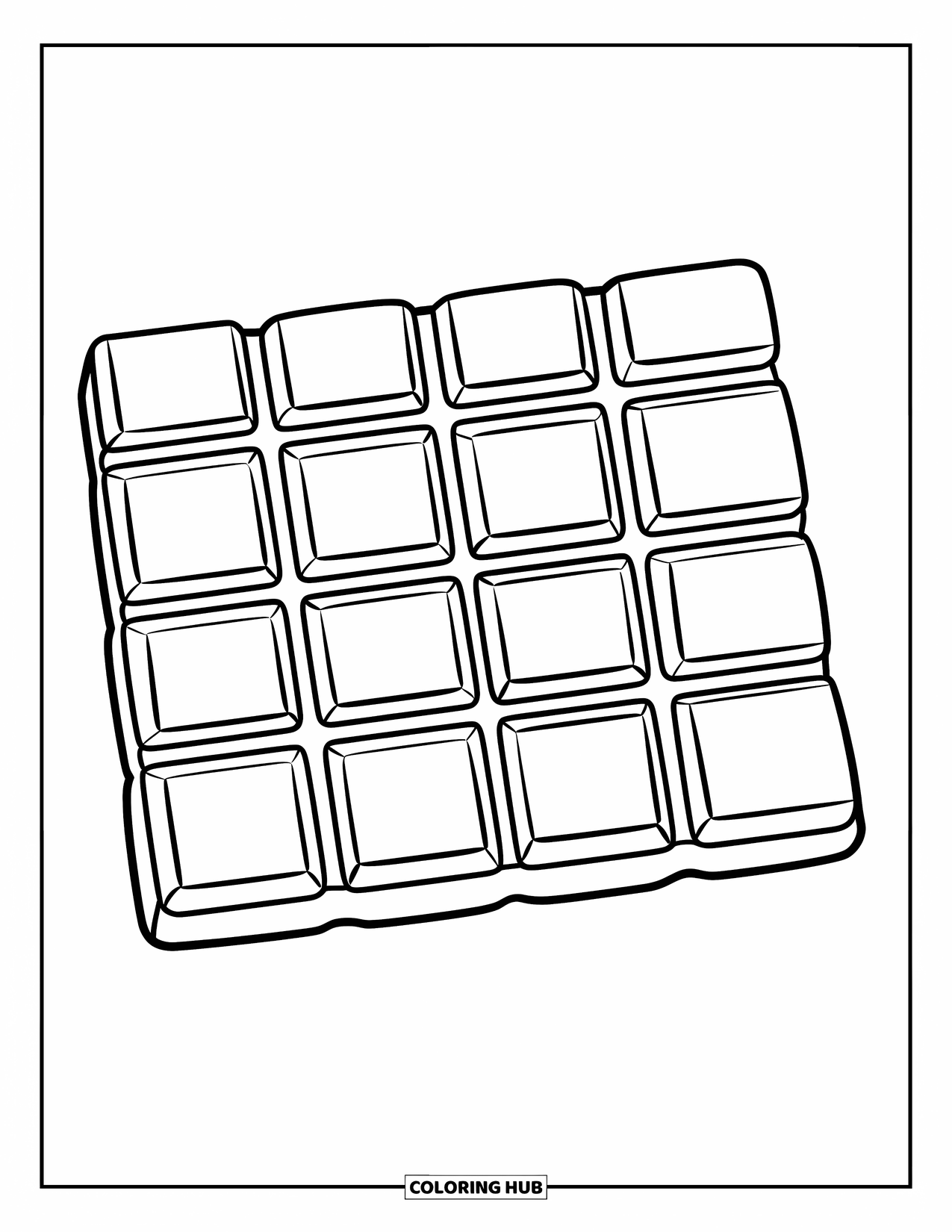 Chocolate Coloring Page for Kids: A cute chocolate bar with big squares and soft corners sits alone