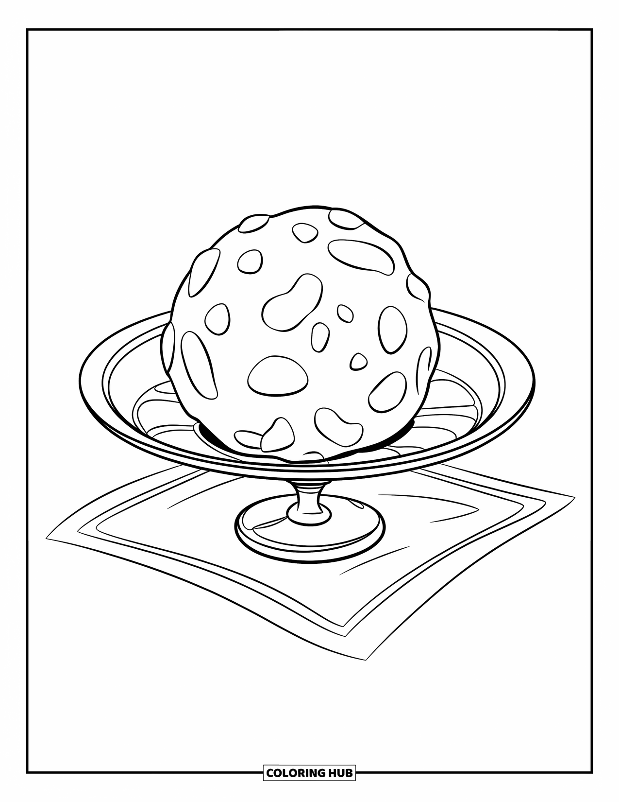 Chocolate Coloring Page for Kids: A decorated truffle sits on a small dish placed on a cloth