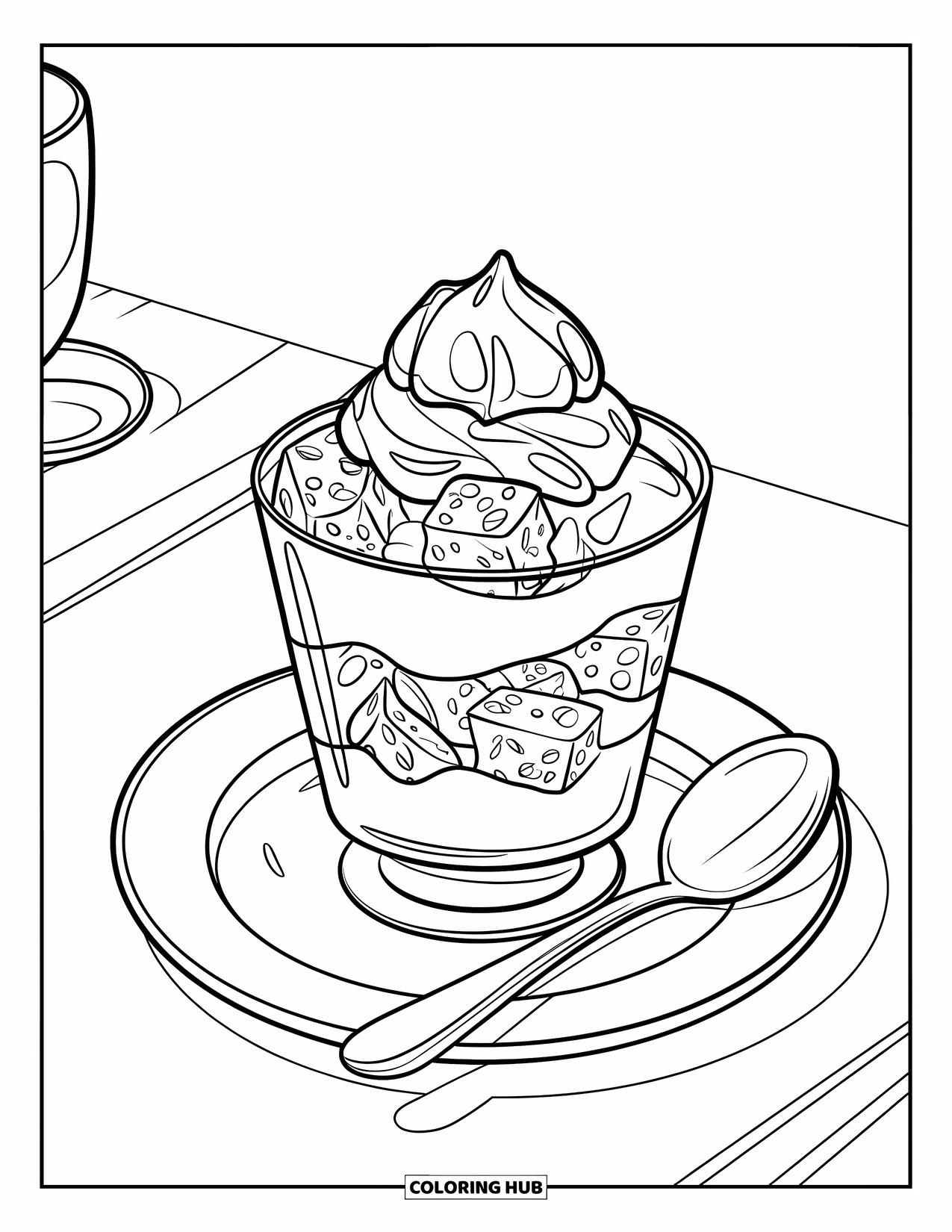 Chocolate Coloring Page for Kids: A dessert cup with mousse and brownie chunks sits on a plate with a spoon