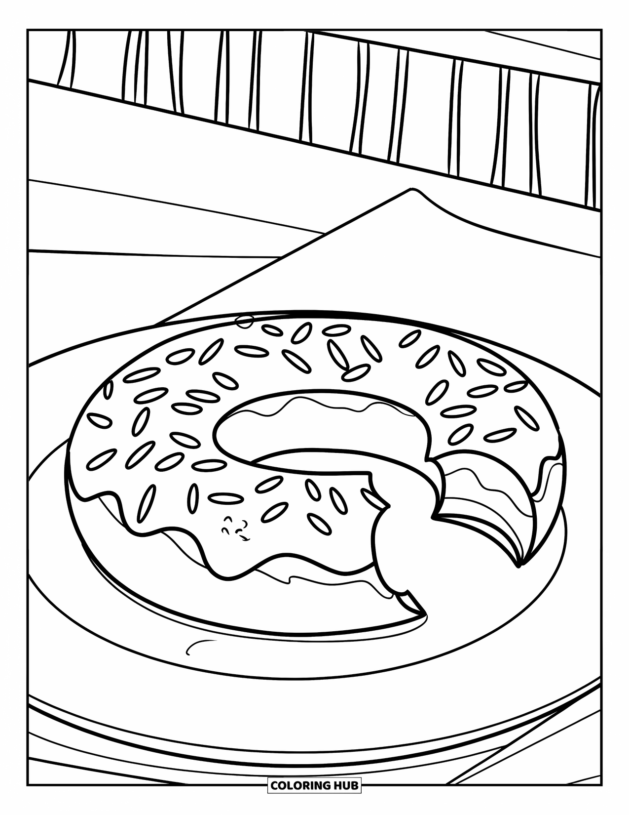 Chocolate Coloring Page for Kids: A donut with a bite and sprinkles sits quietly on a round plate