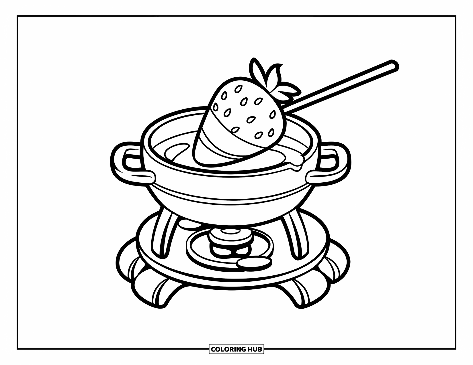 Chocolate Coloring Page for Kids: A fondue pot with a lid and handle sits on wood with a large strawberry