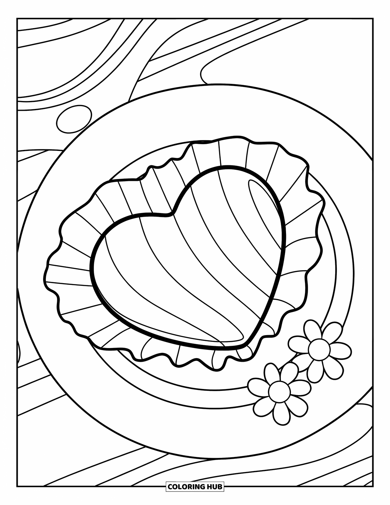 Chocolate Coloring Page for Kids: A heart-shaped chocolate rests in a wrapper with two small flowers beside it