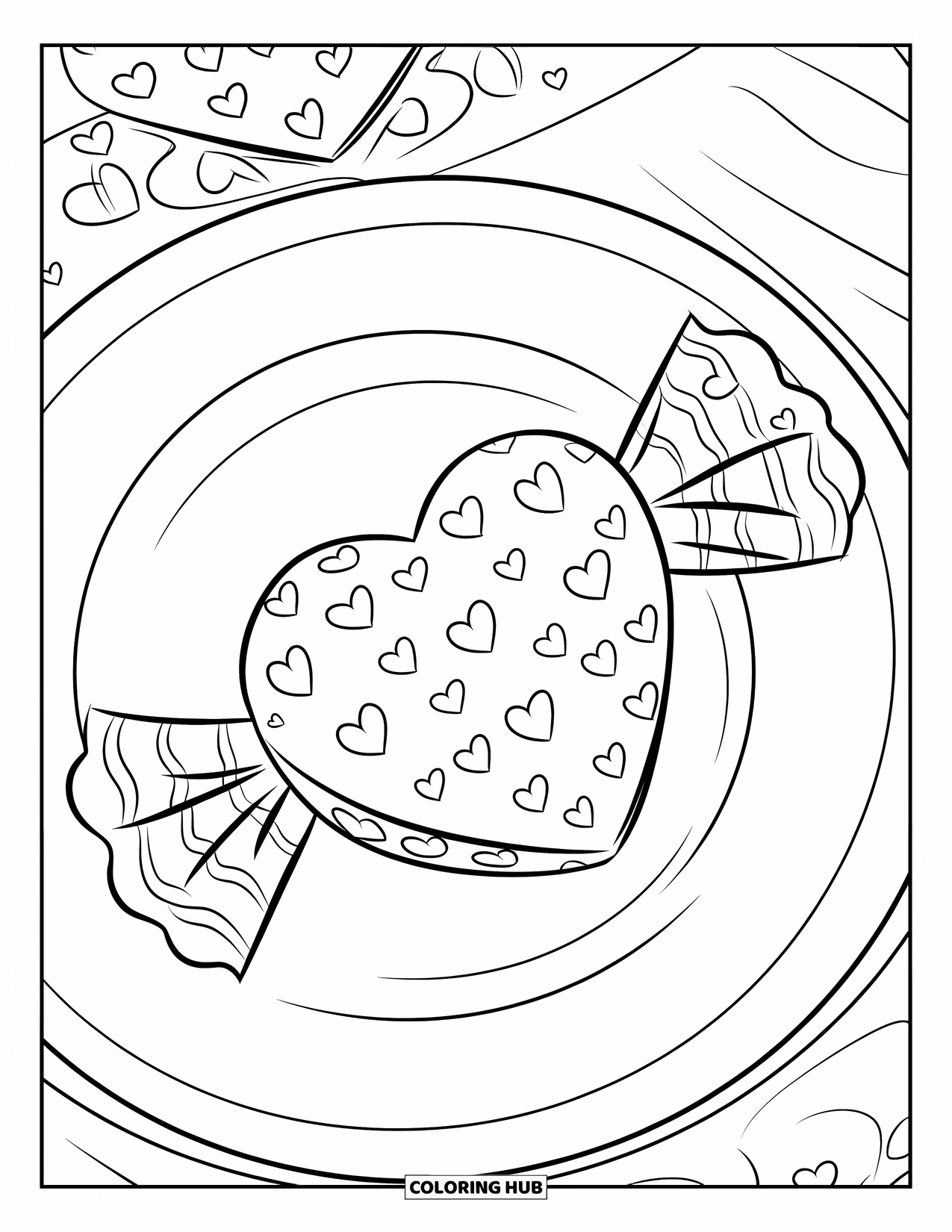 Chocolate Coloring Page for Kids: A heart-shaped chocolate with sprinkles sits in a wrapper on a plate
